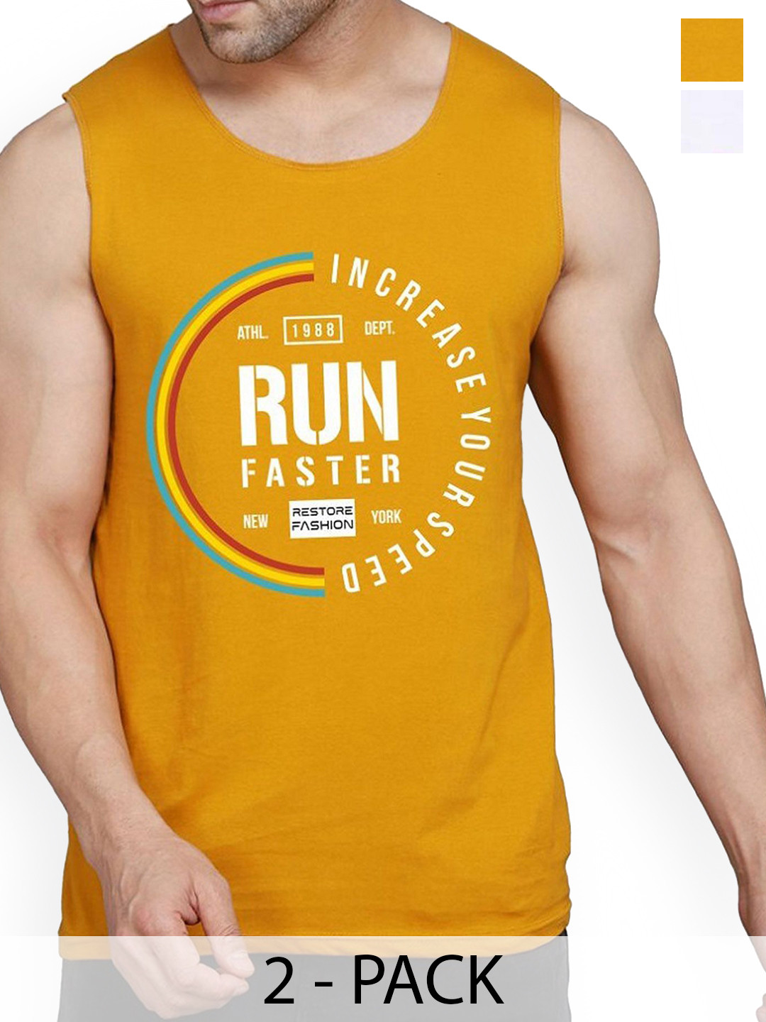 

WOOSTRO Pack Of 2 Printed Cotton Gym Vests RS26 CMB (HARD WHITE) (RUN MUSTARD)