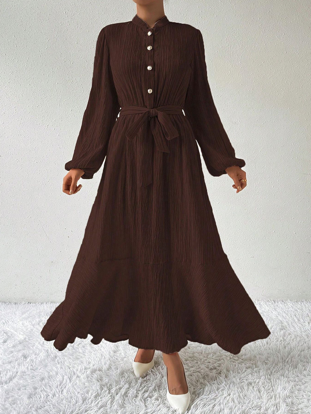 

StyleCast x Revolte Mandarin Collar Puff Sleeves A-Line Maxi Dress With Tie-Ups, Brown
