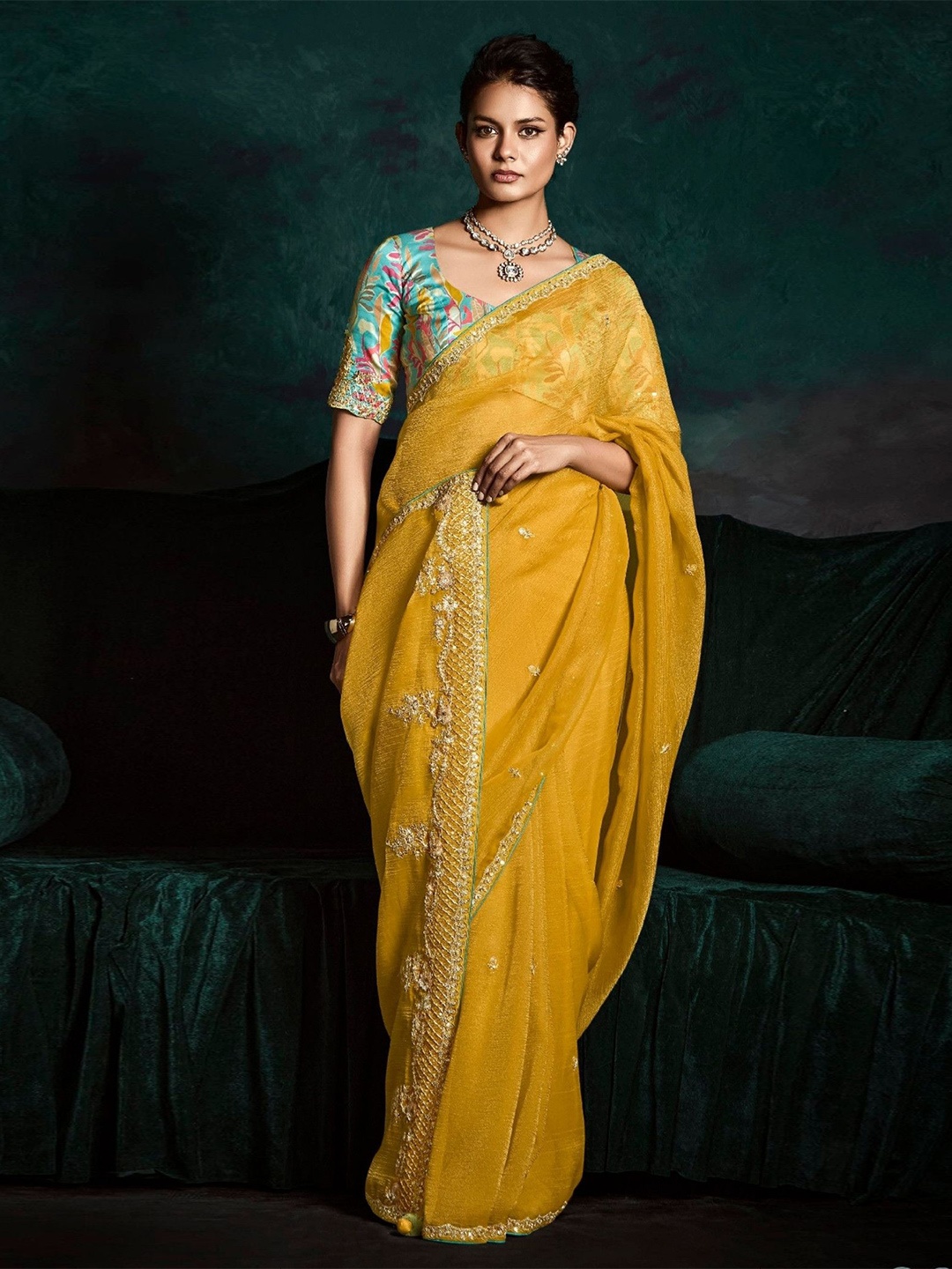 

MySilkLove Women Embroidered Tissue Saree, Mustard