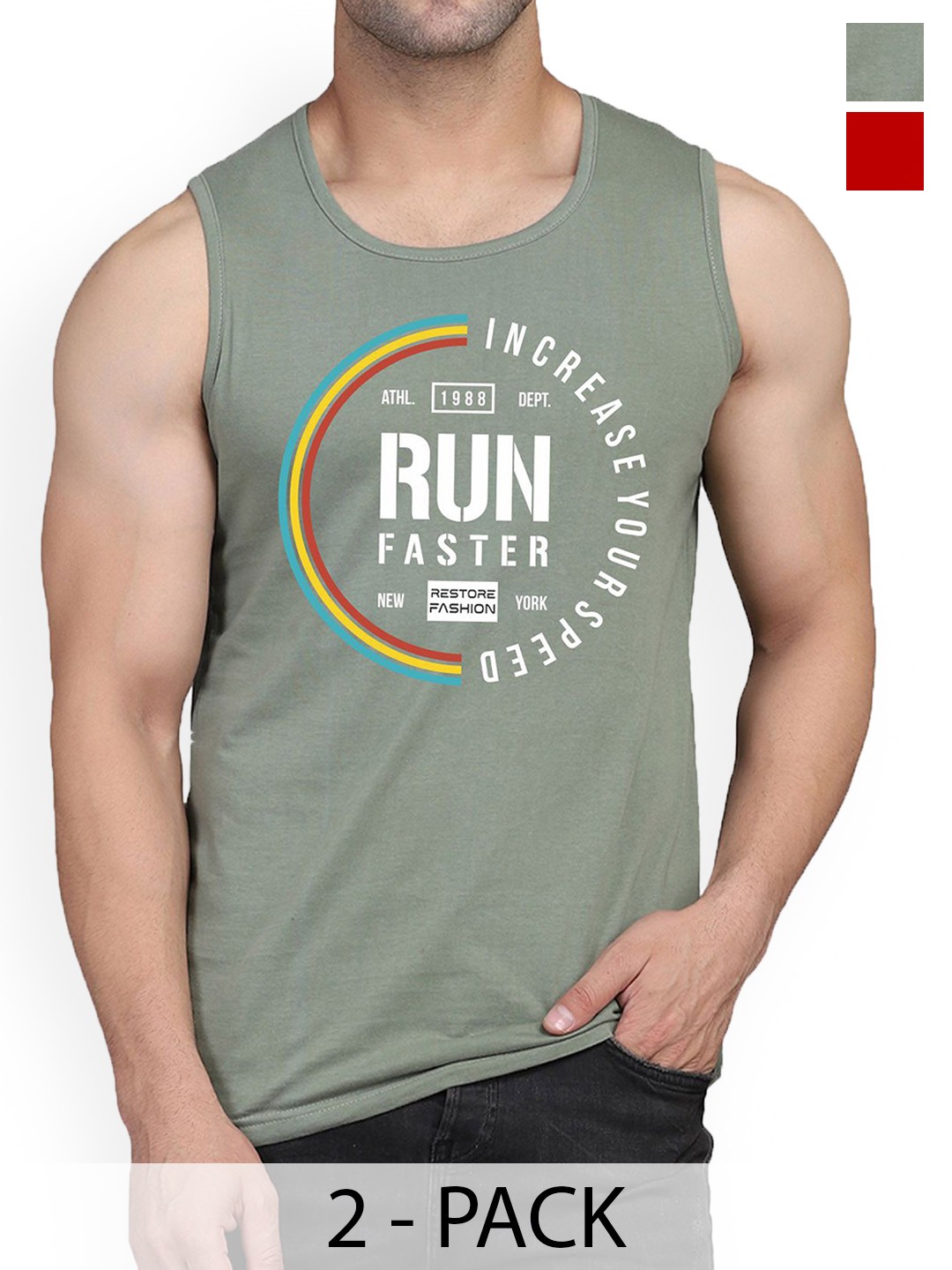 

Woostro Men Pack Of 2 Printed Cotton Gym Innerwear Vests RS26 CMB (RUN RED) (RUN LGTGREEN)