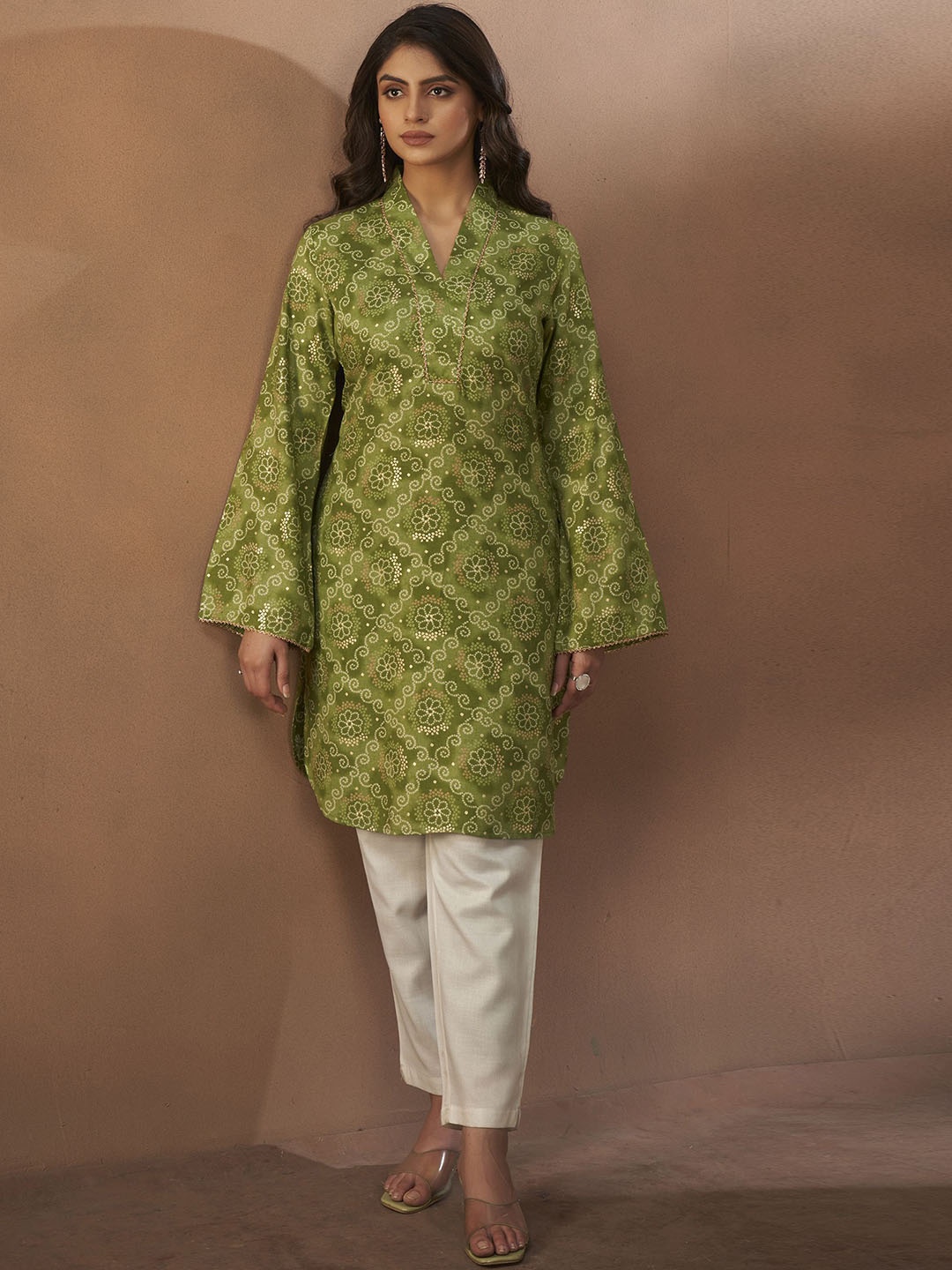 

Anouk Women Bandhani Printed Flared Sleeves Gotta Patti Kurta, Green