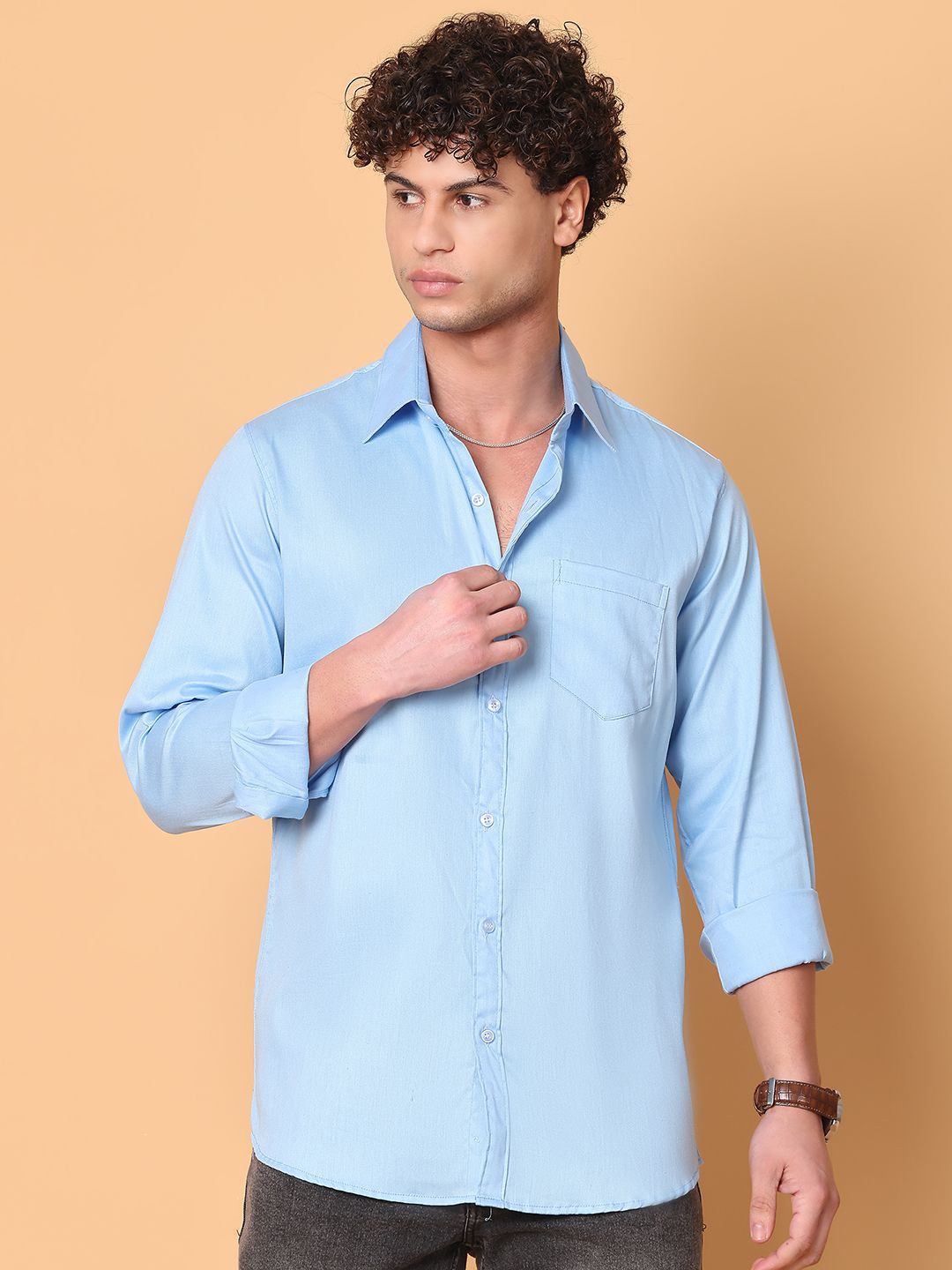 

Tanip Men Spread Collar Solid Cotton Casual Shirt, Blue
