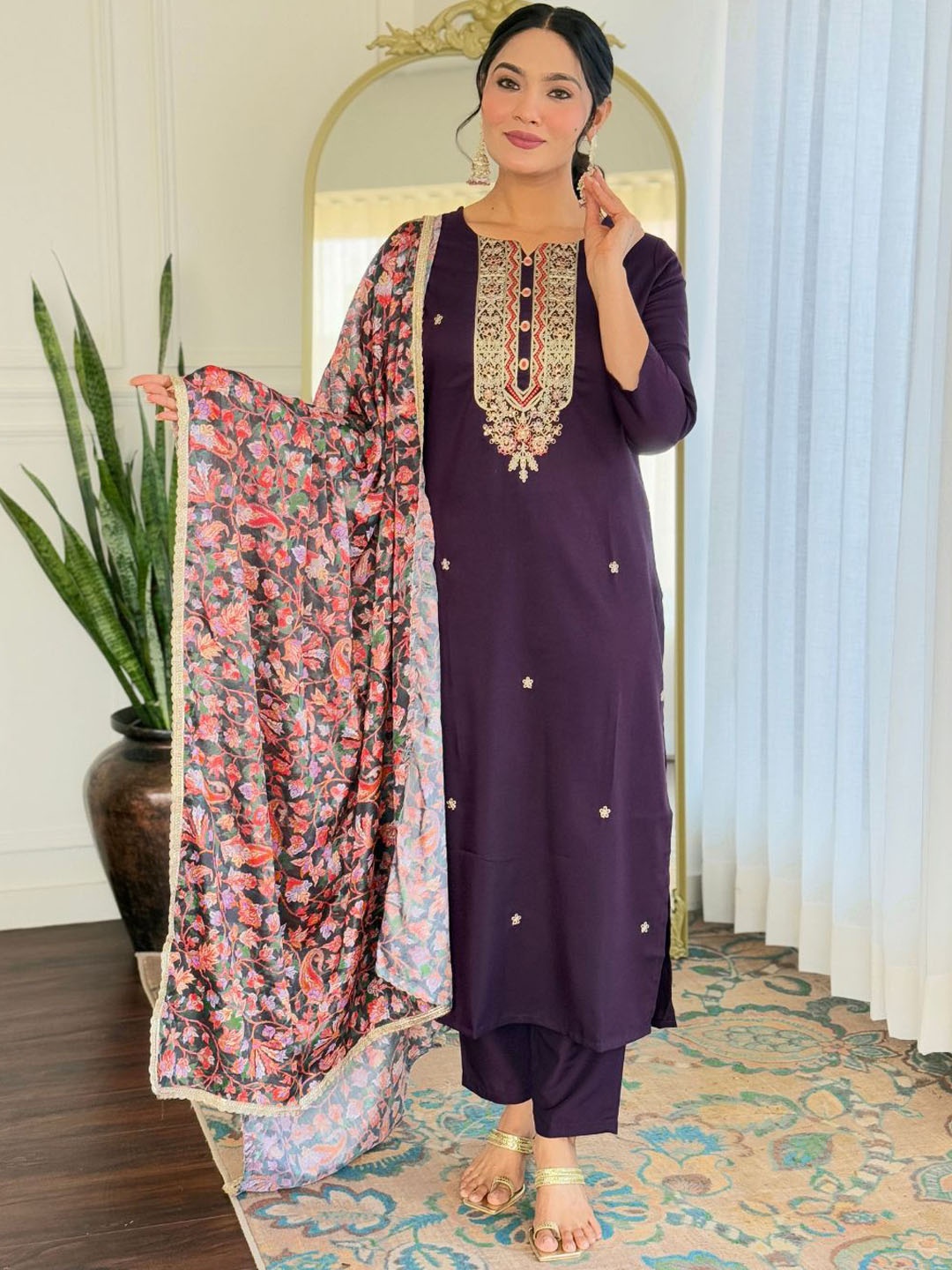 

Navlik Women Embroidered Regular Kurta with Trousers & With Dupatta, Purple