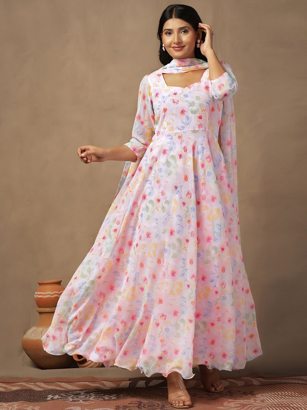 

Moda Rapido Floral Printed Maxi Dress With Dupatta, Pink