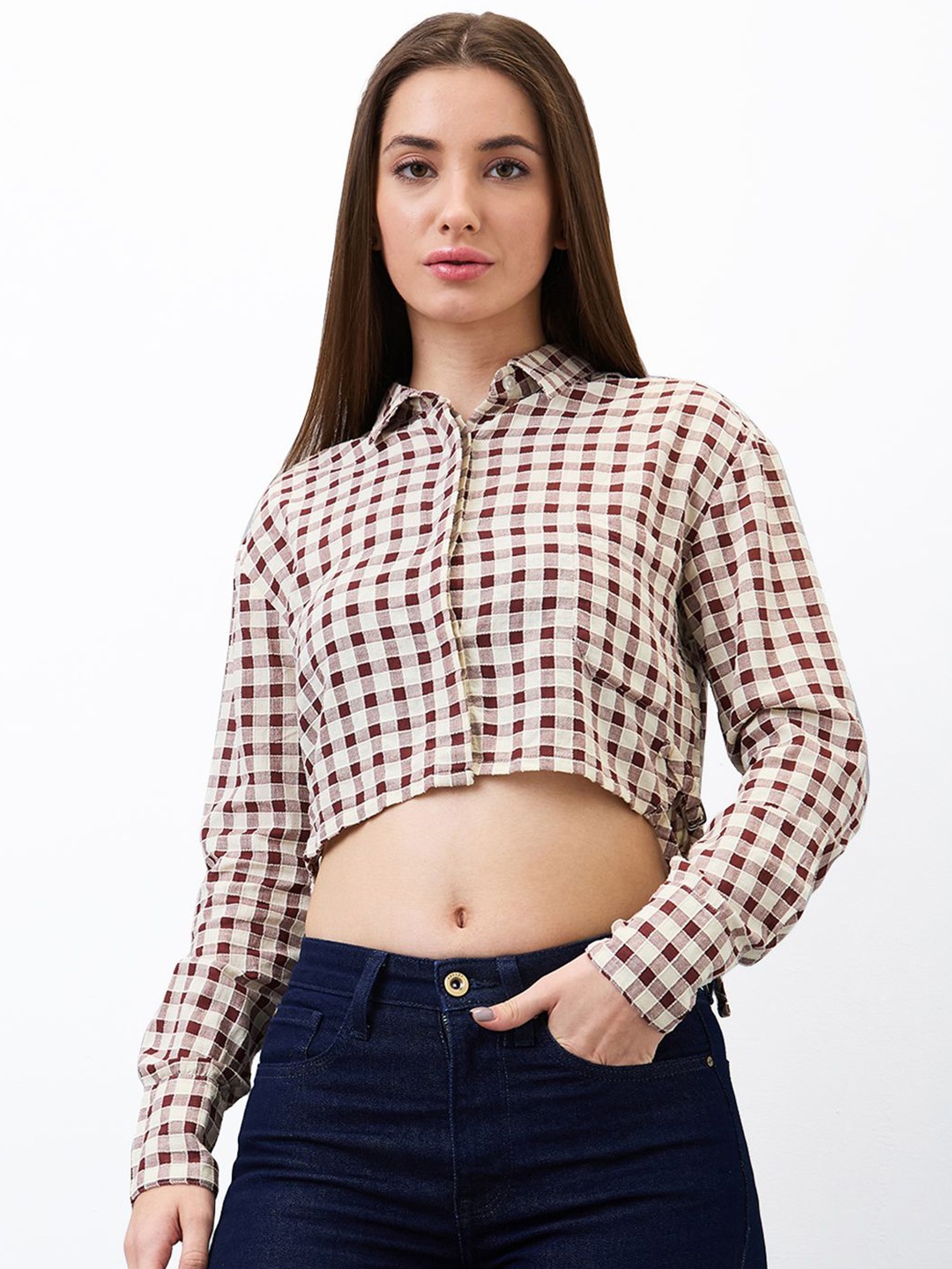 

SPYKAR Women Regular Fit Spread Collar Gingham Checked Cotton Crop Shirt, Brown