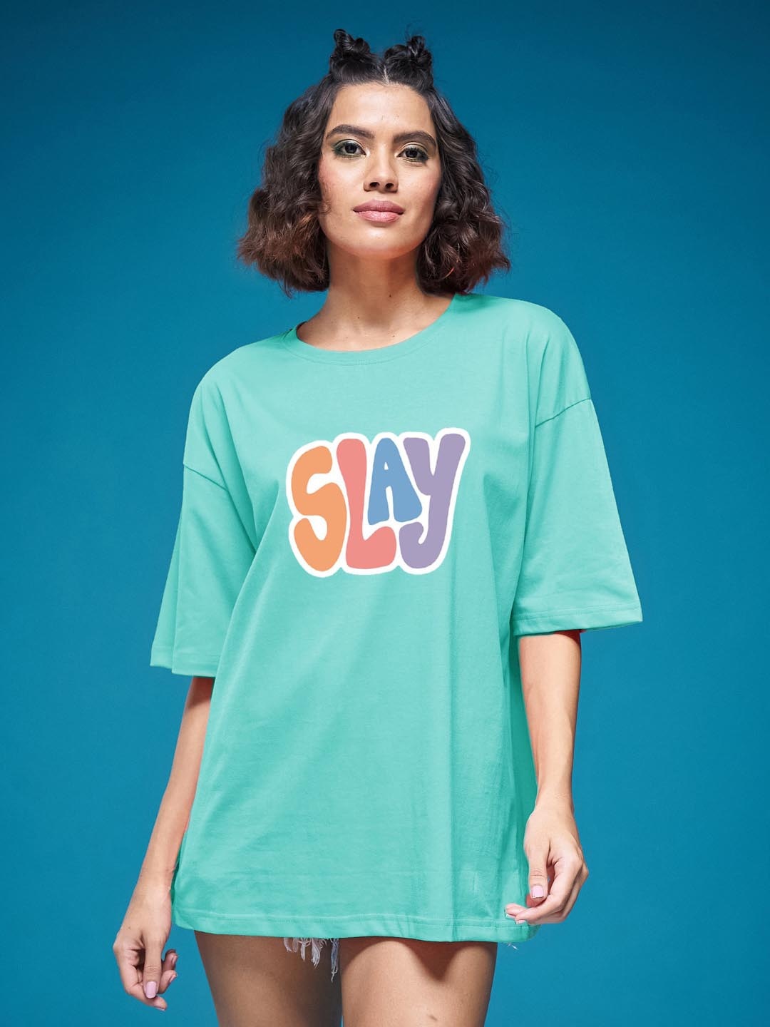 

SMARTEES Women Printed Drop-Shoulder Sleeves Applique T-shirt, Sea green