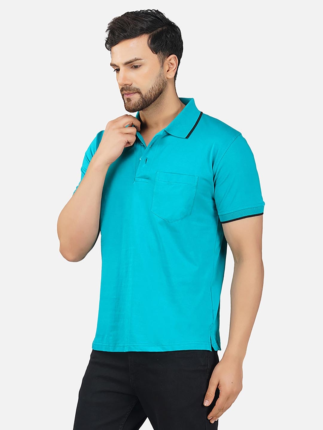 

ALARM Men Solid Polo Collar Cotton T-shirt, Turquoise blue