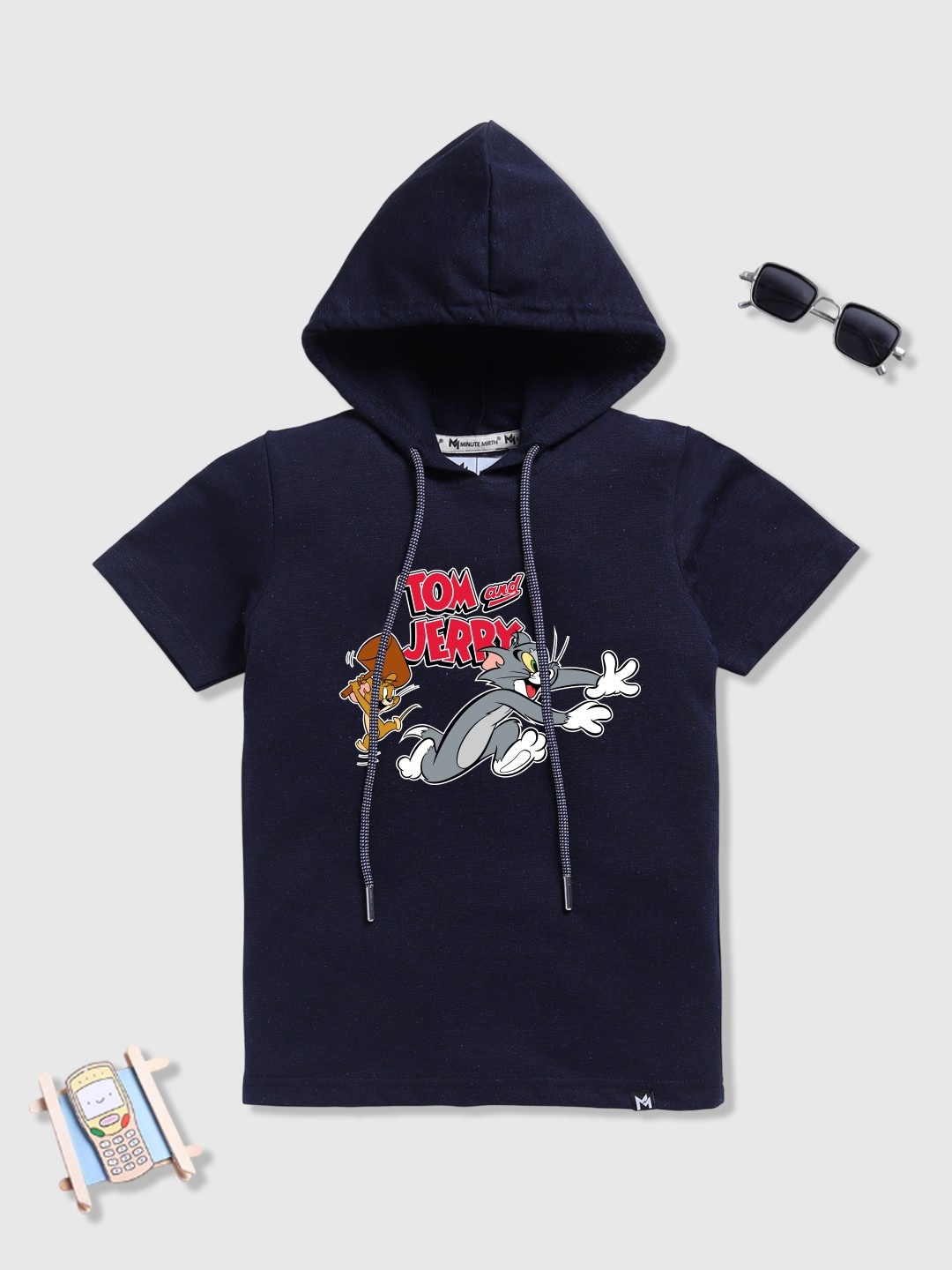 

YK X Minute Mirth Boys Tom & Jerry Graphic Printed Hooded T-shirt, Navy blue