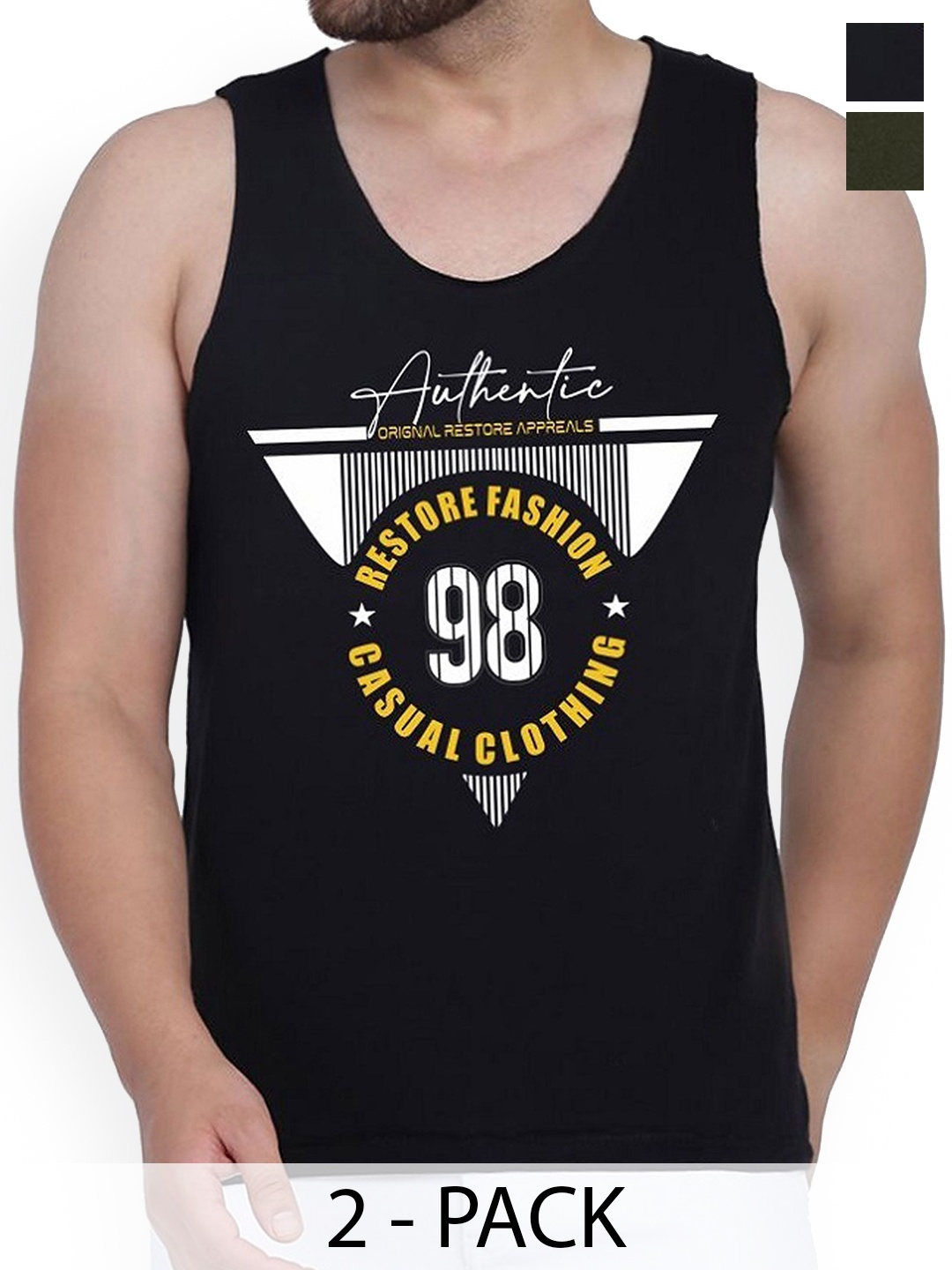 

WOOSTRO Pack Of 2 Printed Cotton Gym Vests RS26 CMB (HARD OLIVE) (98 BLACK)