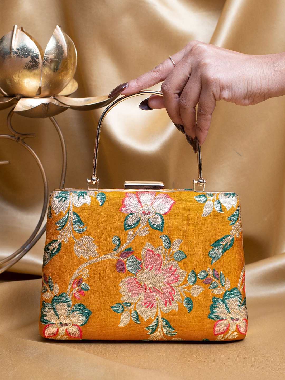 

ARTKLIM Floral Embroidered Brocade Box Clutch, Yellow