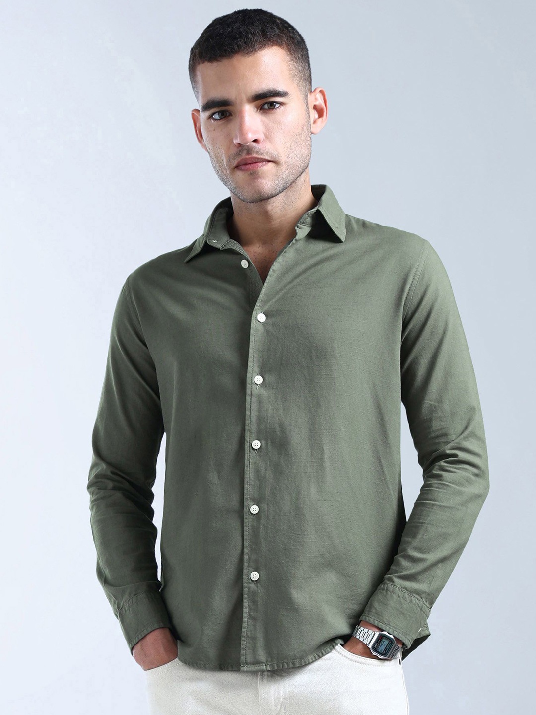 

Flying Machine Men Slim Fit Spread Collar Solid Cotton Casual Shirt, Olive