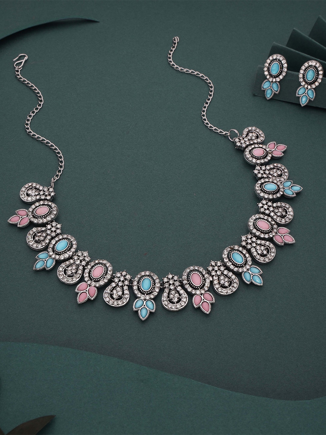 

Lyriss Gold-Plated American Diamond Stone-Studded Necklace & Earrings, Silver