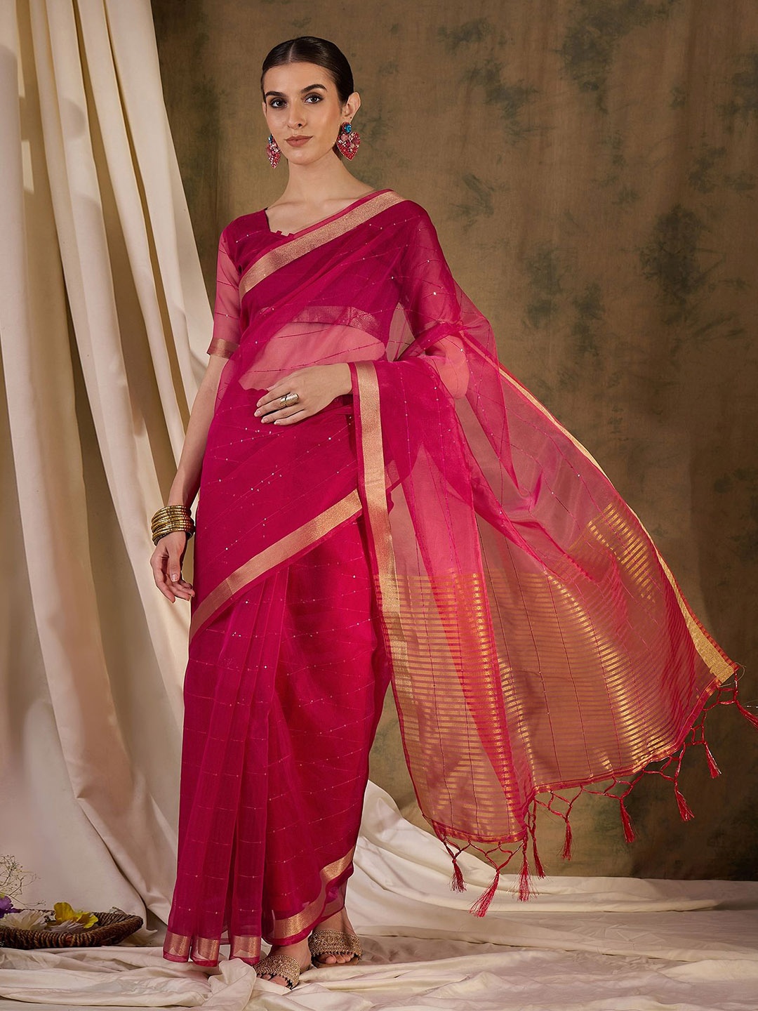 

DEVATITHI Striped Zari Organza Saree, Pink