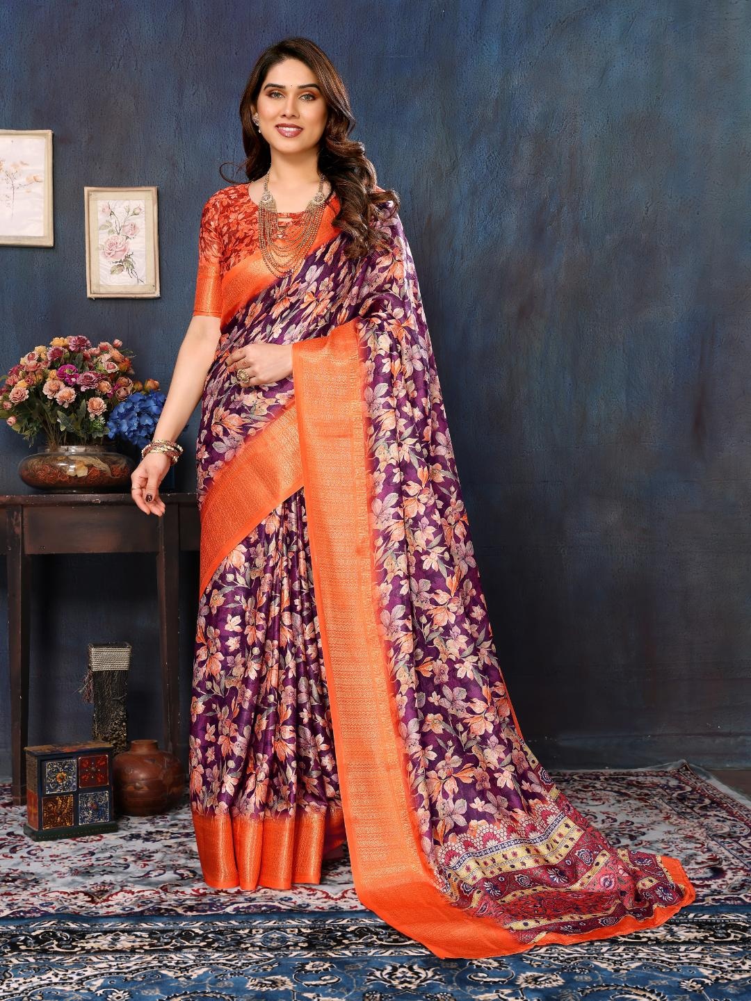 

HERE&NOW Floral Printed Saree With Blouse Piece, Purple