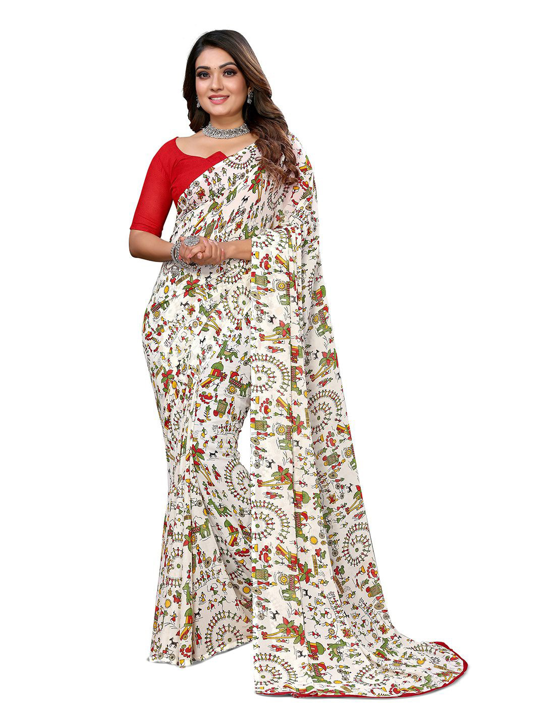 

Moda Rapido Ethnic Motifs Printed Saree With Blouse Piece, White
