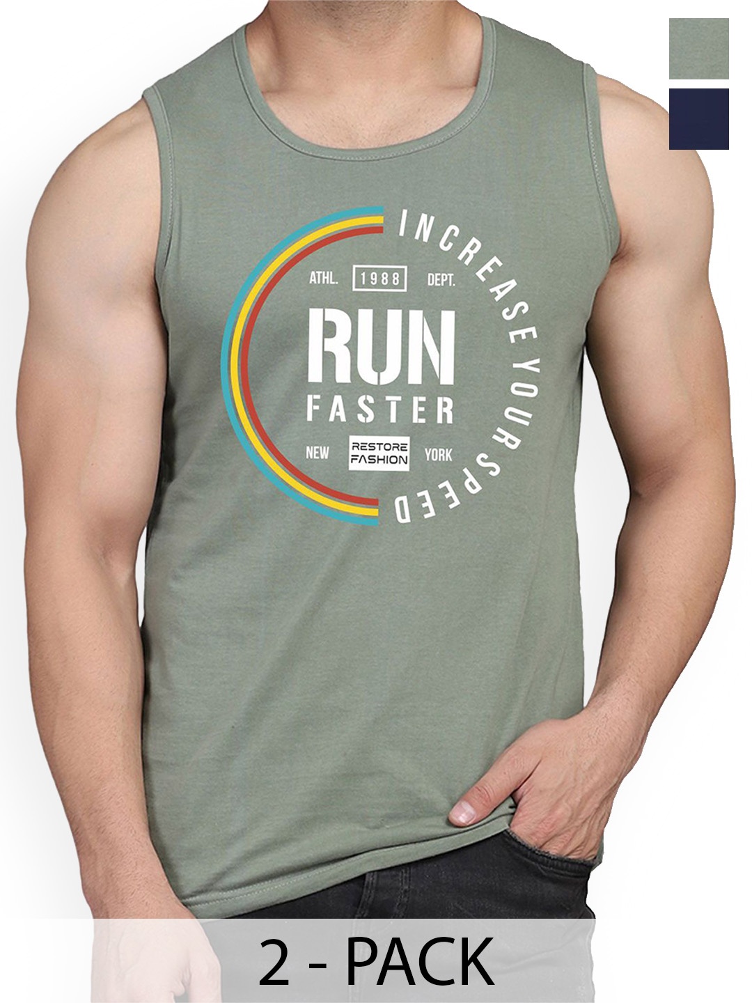 

WOOSTRO Men Pack Of 2 Printed Pure Combed Cotton Gym Vests, Green