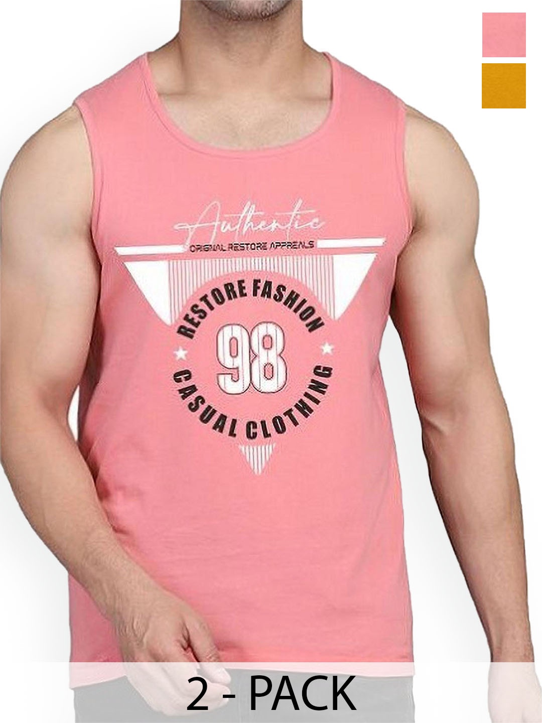 

WOOSTRO Men Pack Of 2 Printed Combed Cotton Gym Vest, Peach
