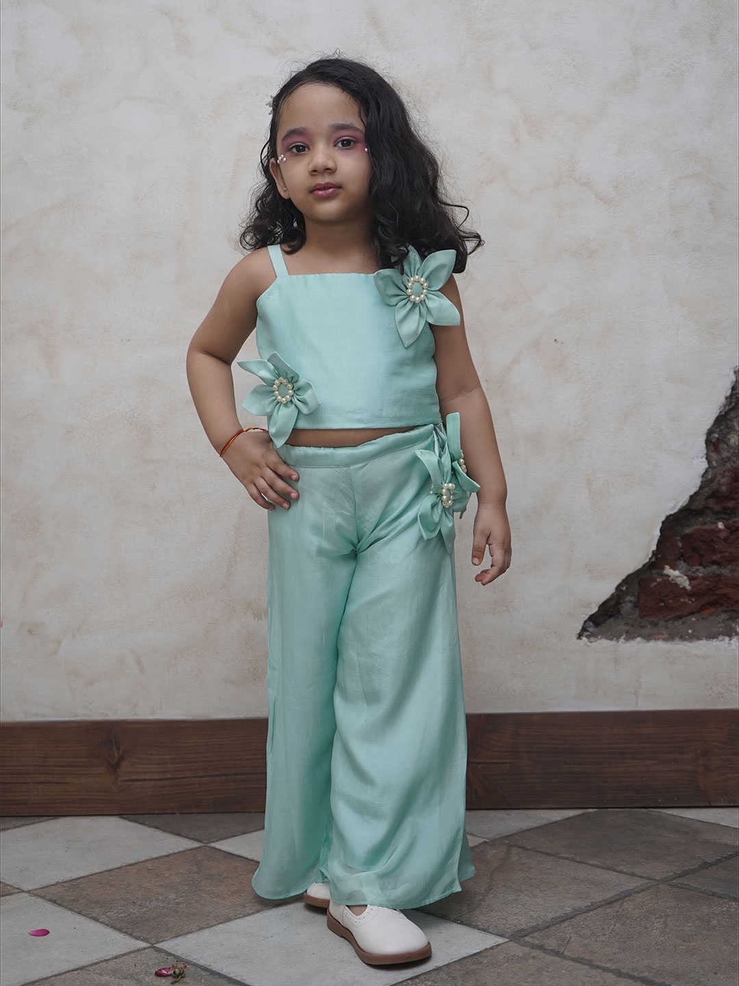

Funny Bones Clothings Girls Funny Bones Pure Organza Top & Palazzo Set, Green