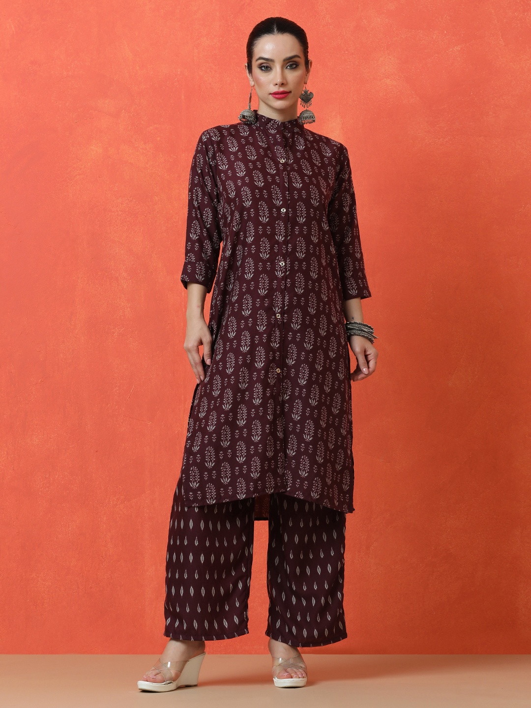 

Jaipur Kurti Floral Printed Mandarin Collar Tunic With Trouser, Maroon