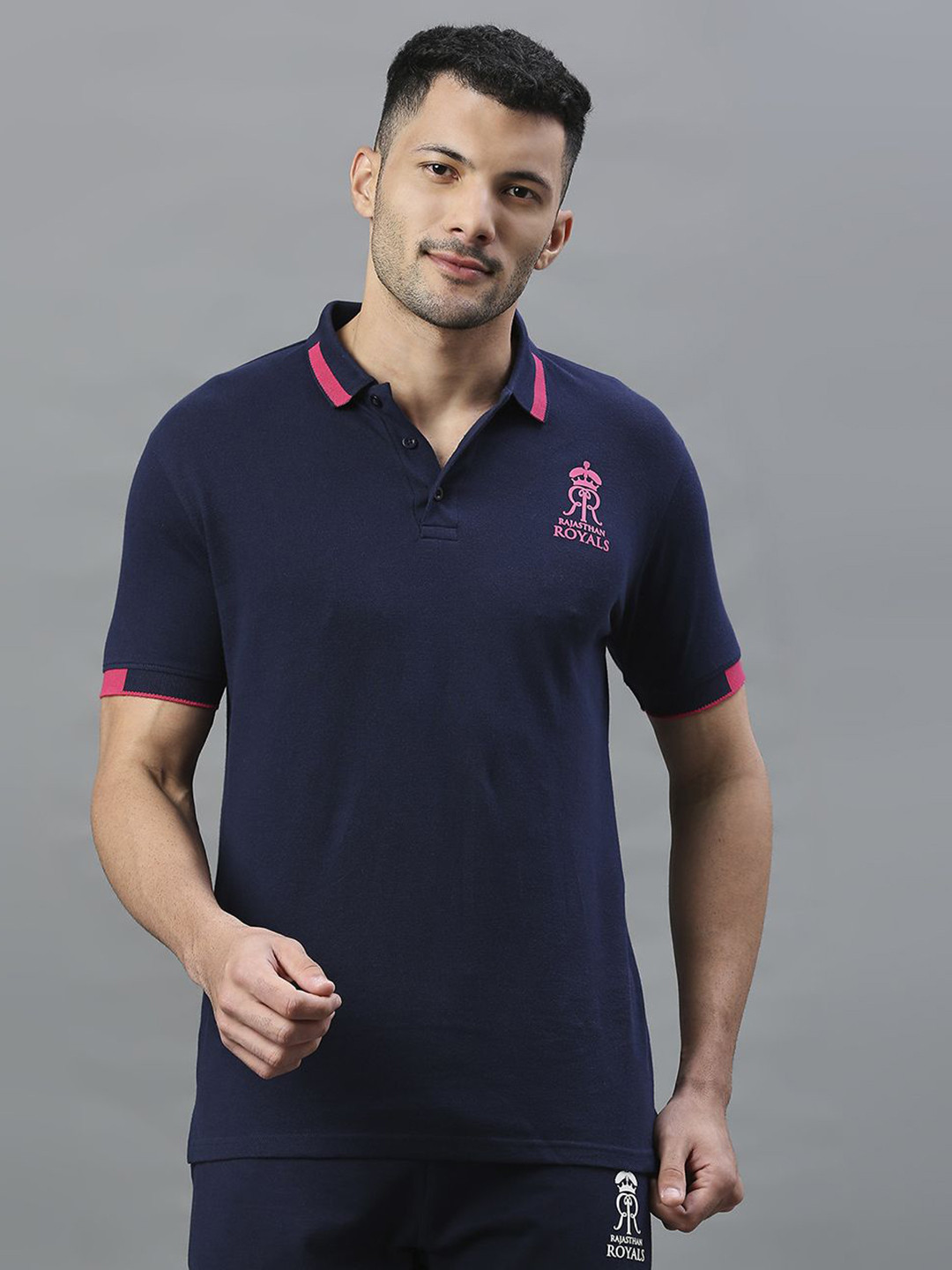 

FanCode Men Graphic Printed Polo Collar Cotton T-shirt, Navy blue