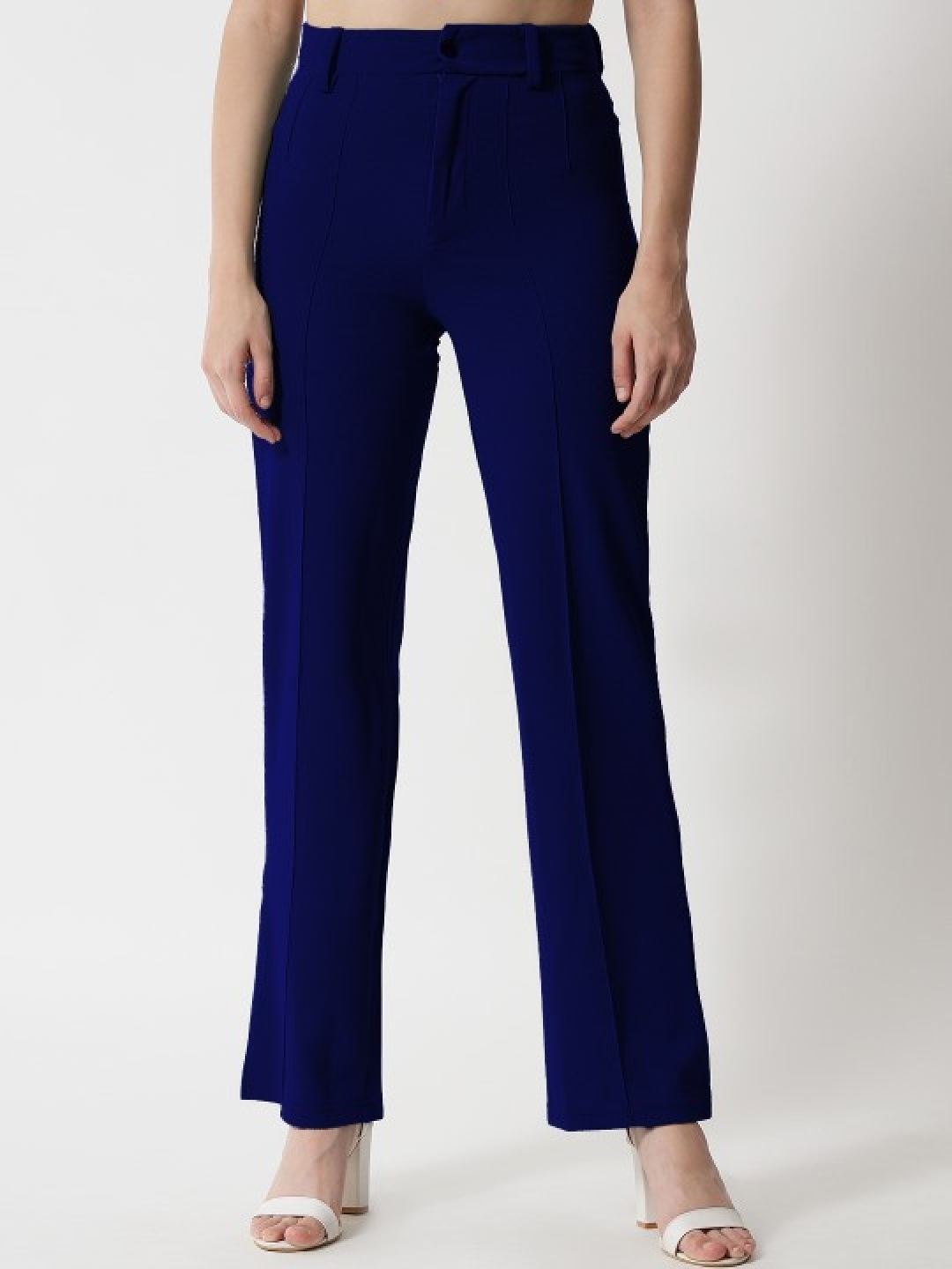 

SHINE N SHOW Women Relaxed Straight Fit High-Rise Non Iron Bootcut Trousers, Navy blue