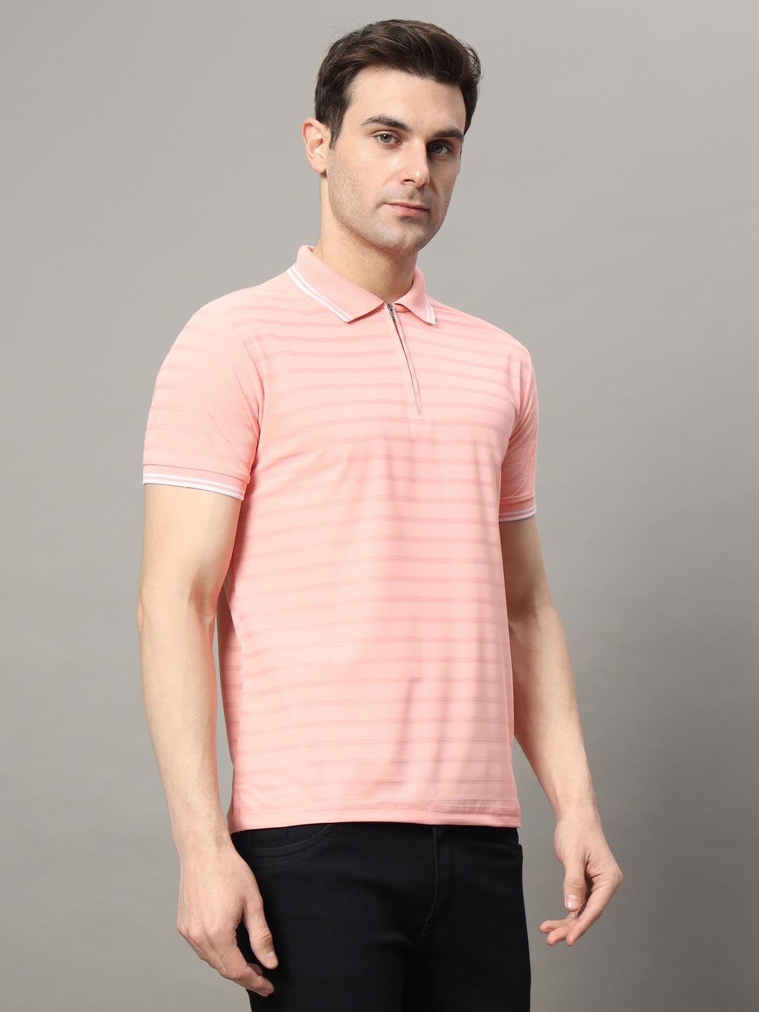 

RELANE Men Striped Polo Collar Cotton T-shirt, Pink