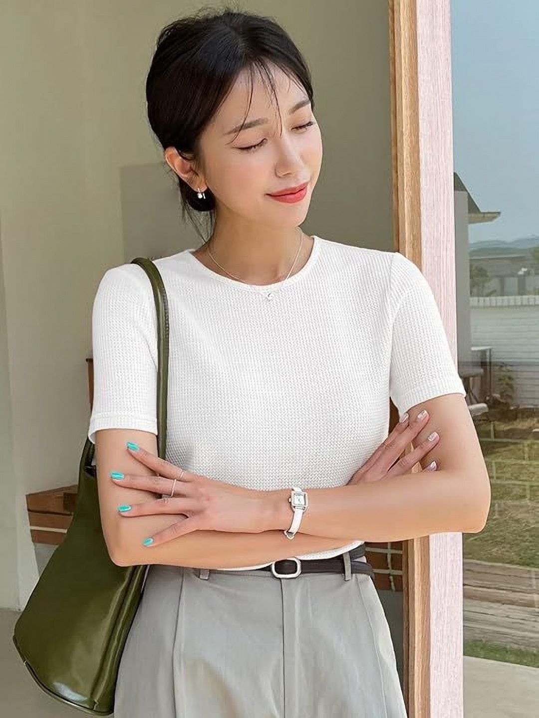 

KASHIAN Women Self Design Round Neck Cotton T-shirt, White
