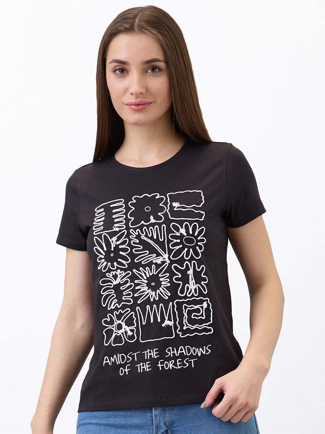 

SPYKAR Women Regular Fit Typography Printed Round Neck Cotton T-shirt, Black