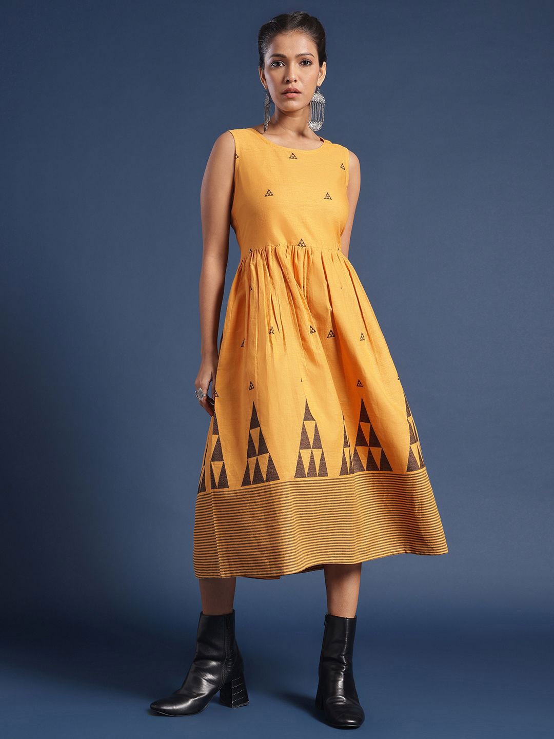 

Taavi Women Printed Pure Cotton Flared Dress, Mustard