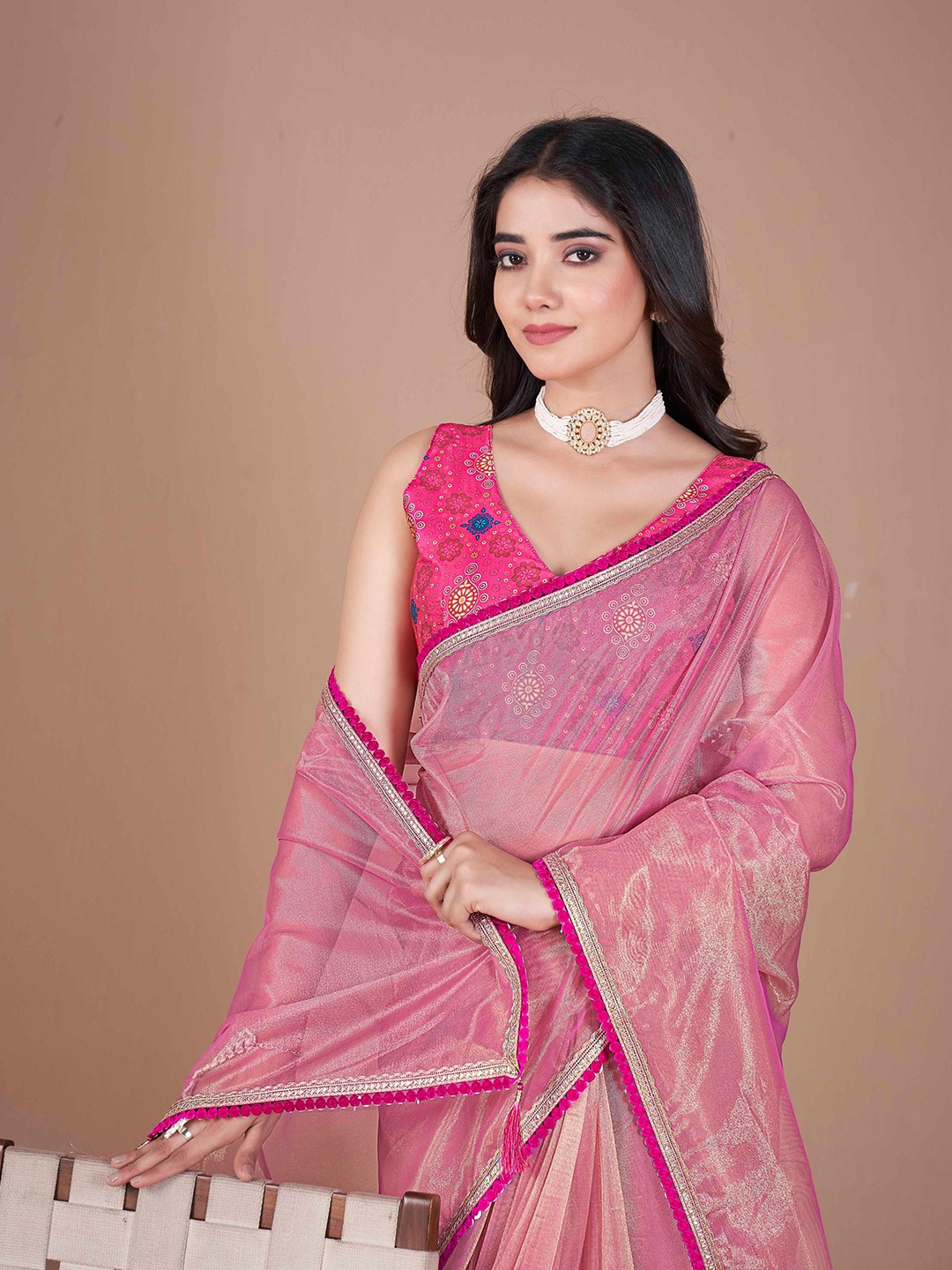 

Ethnielle Embroidered Net Saree, Pink