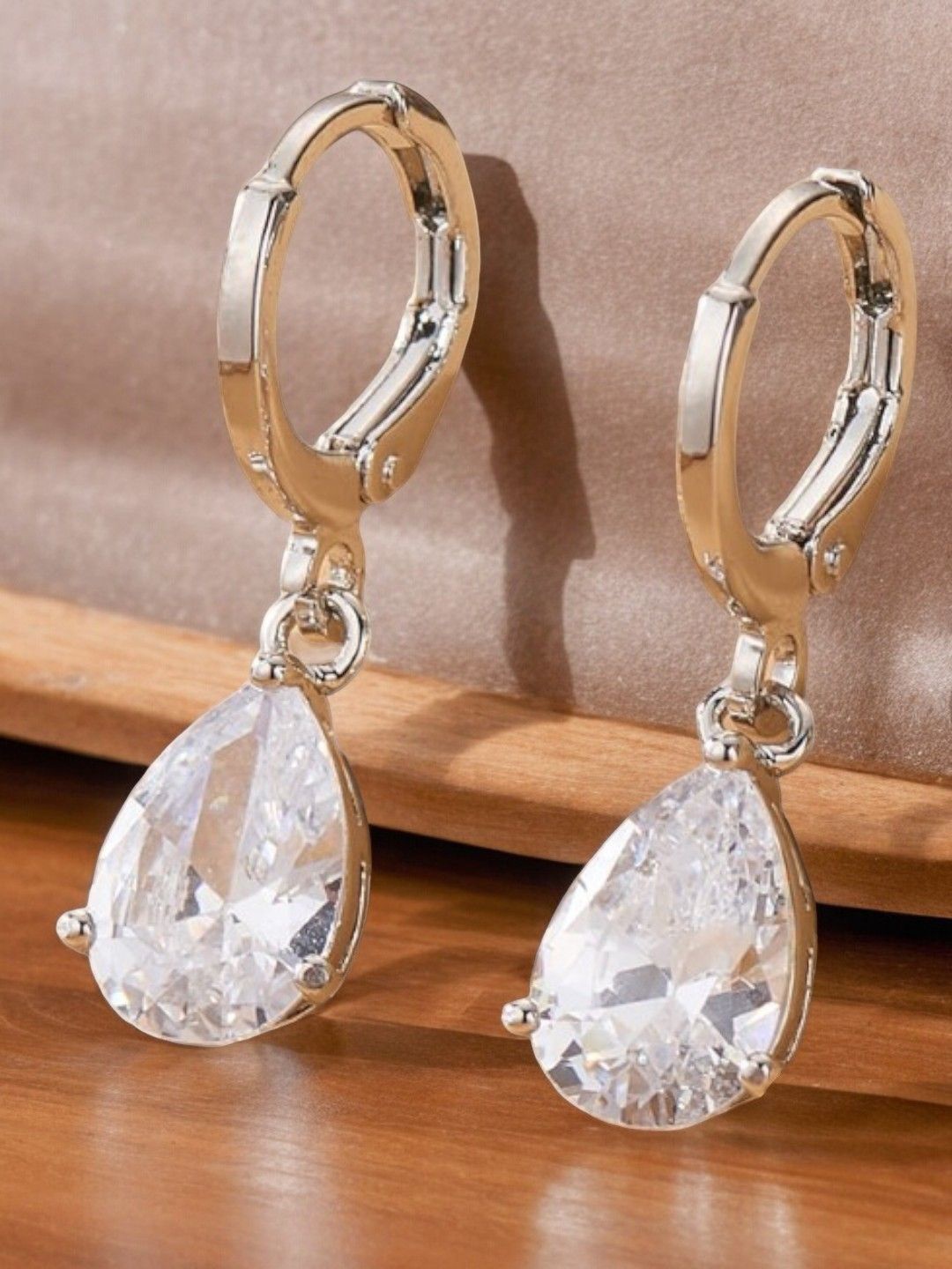 

OOMPH Silver-Plated Cubic Zirconia Studded Teardrop Shaped Drop Earrings