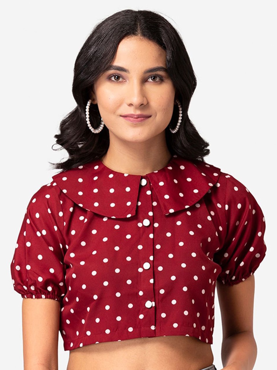 

DressBerry Polka Dot Print Puff Sleeve Crepe Crop Top, Maroon