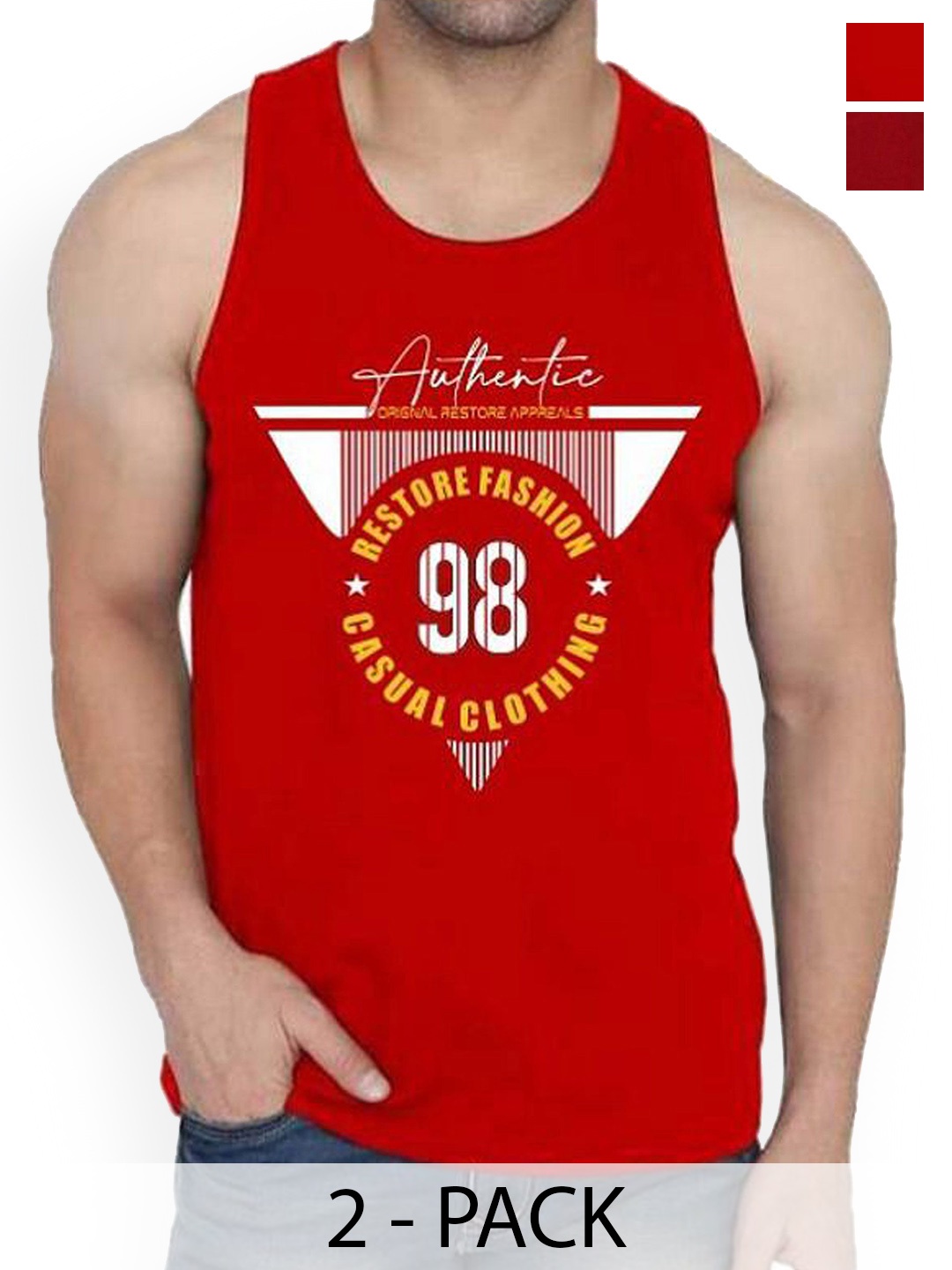 

WOOSTRO Men Pack Of 2 Printed Combed Cotton Gym Vest, Maroon