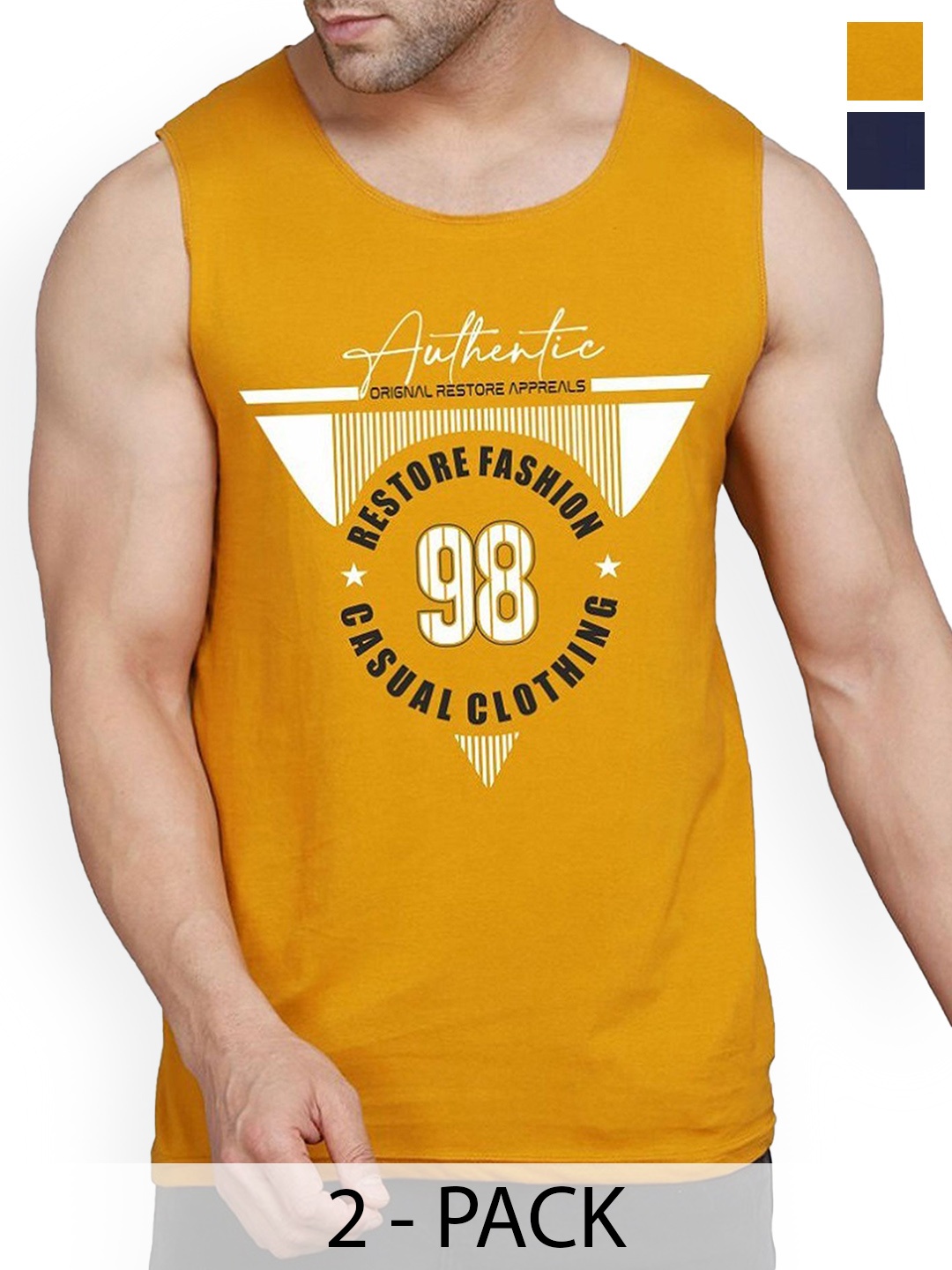 

Woostro Men Pack Of 2 Printed Pure Cotton Gym VestsRS26 CMB (RUN NAVY) (98 MUSTARD), Navy blue