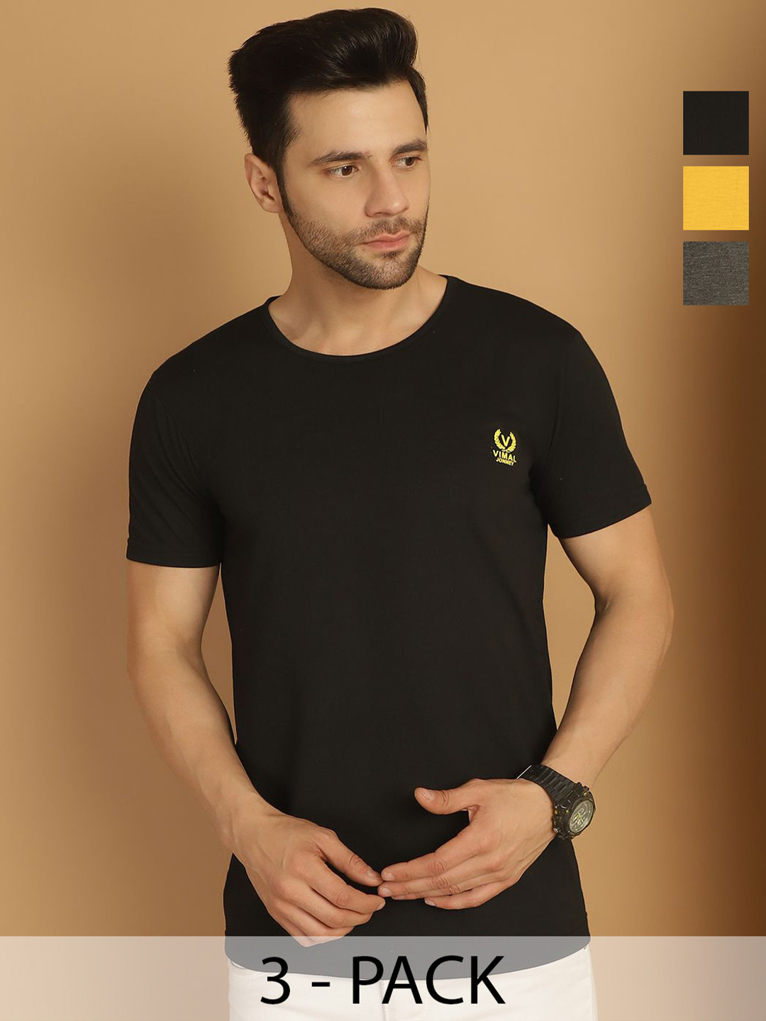 

MACK JONNEY Men Pack Of 3 Solid Round Neck Cotton T-shirts, Black