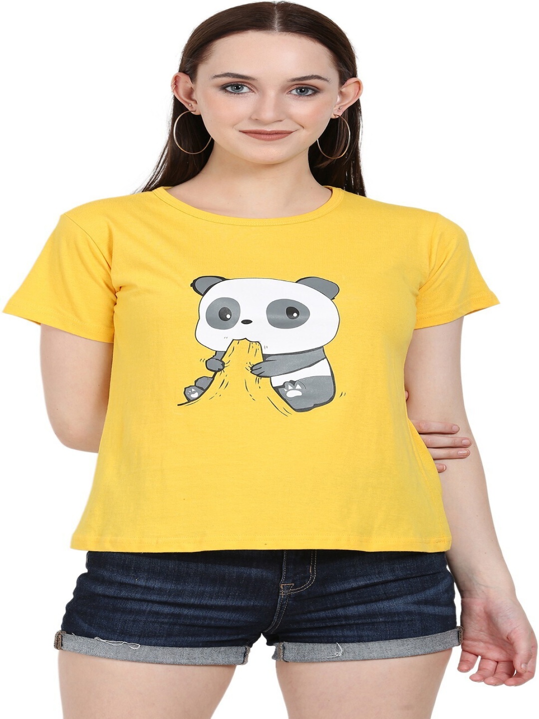 

DEEPMAYRA COLLECTION Women Graphic Printed Round Neck Cotton T-shirt, Yellow