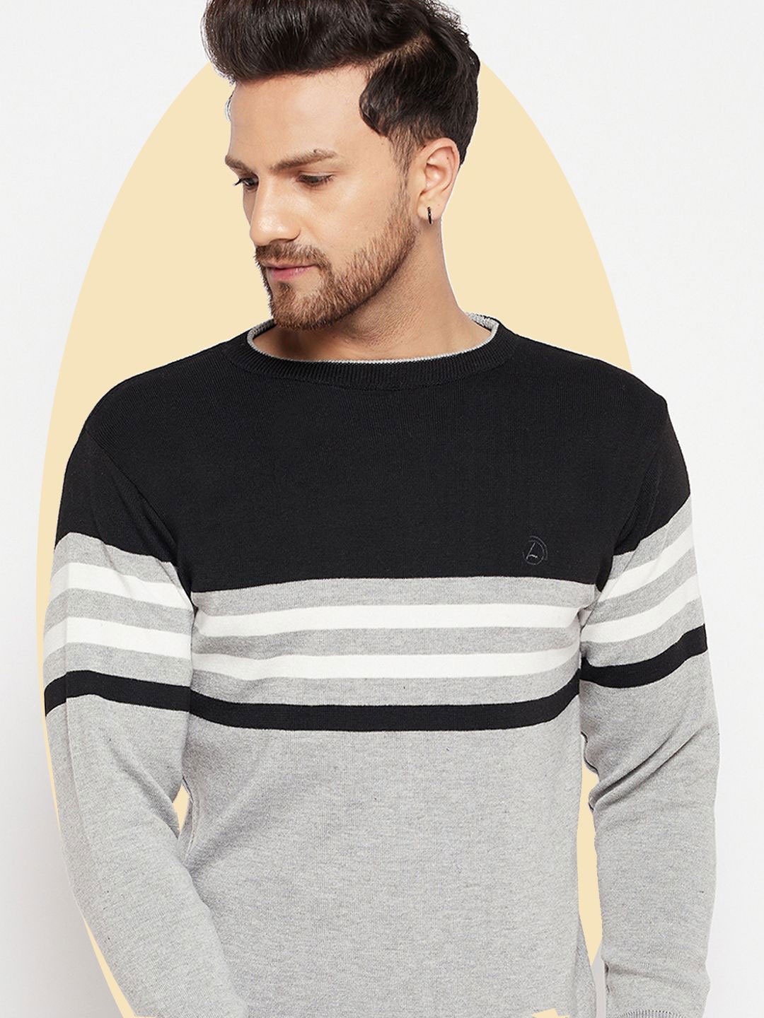 

LYCOS Men Striped Woollen Pullover, Grey