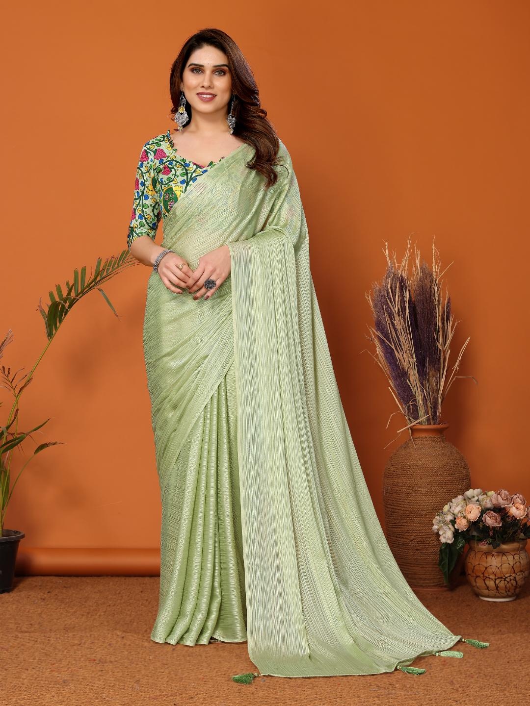 

HERE&NOW Striped Poly Chiffon Saree, Green