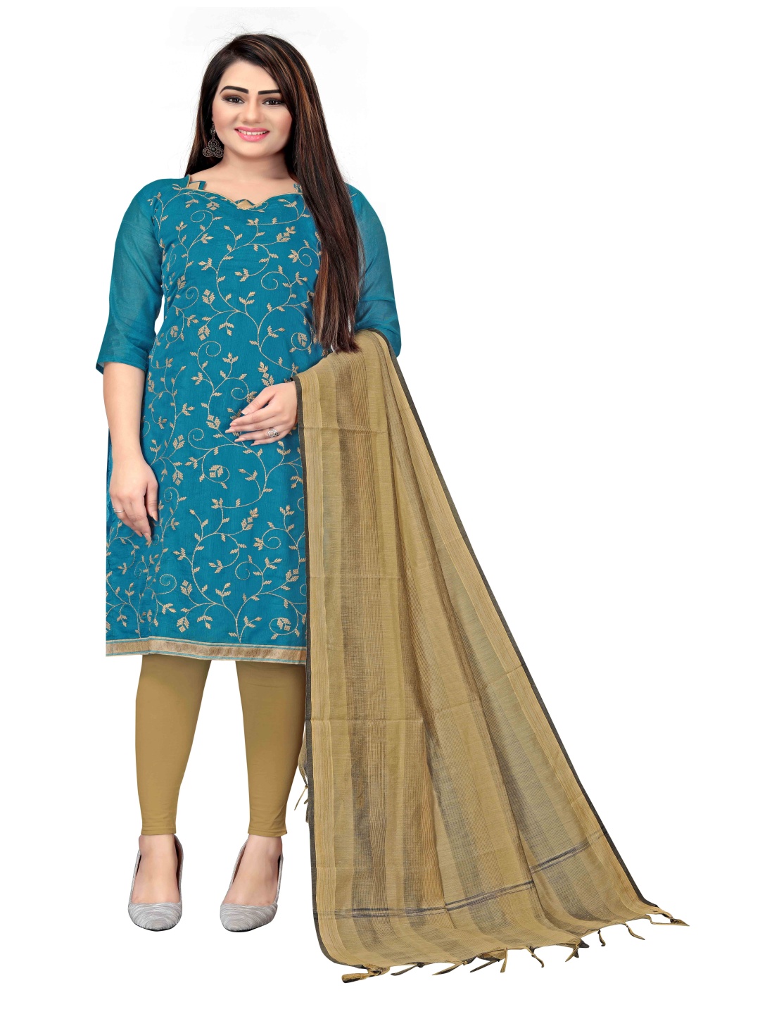 

HERE&NOW Embellished Unstitched Dress Material, Turquoise blue
