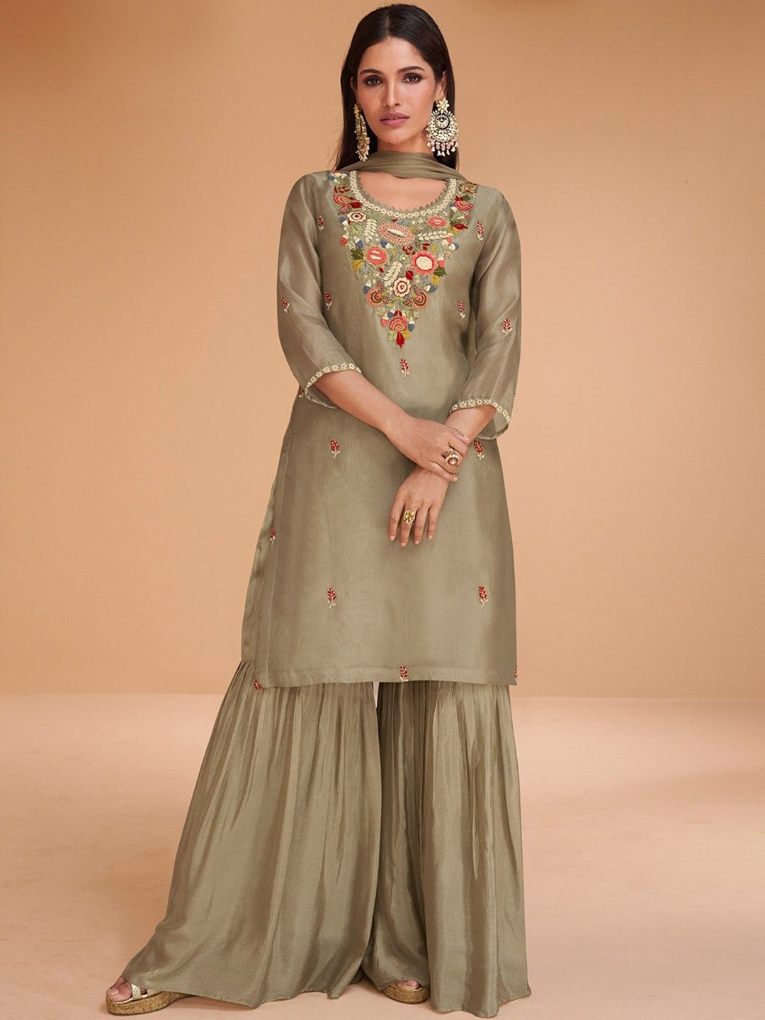 

Panash India Floral Embroidered Zardozi Work Organza Kurta With Sharara And Dupatta, Beige