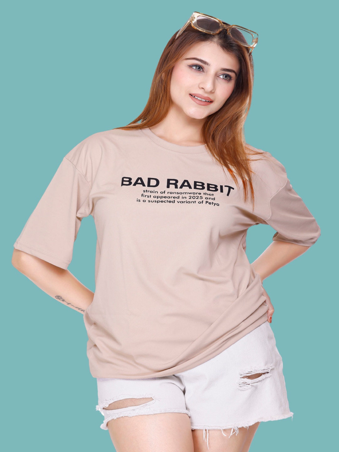 

White Moon Women Typography Printed Round Neck Oversized T-shirt, Nude