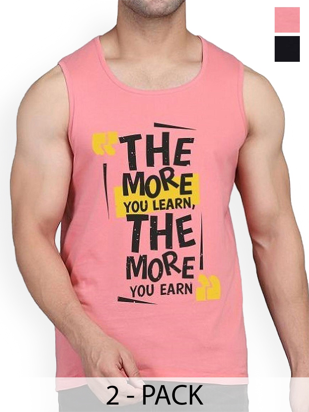 

WOOSTRO Men Pack Of 2 Printed Combed Cotton Gym Vest, Black