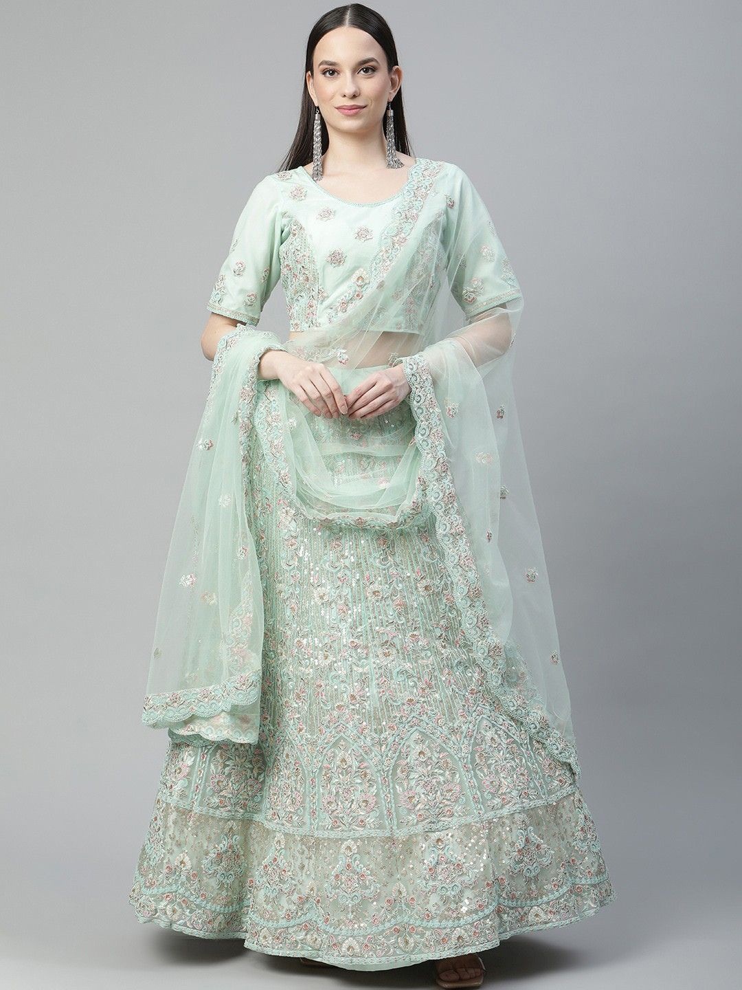 

Fusionic Embellished Thread Work Semi-Stitched Lehenga & Blouse With Dupatta, Green