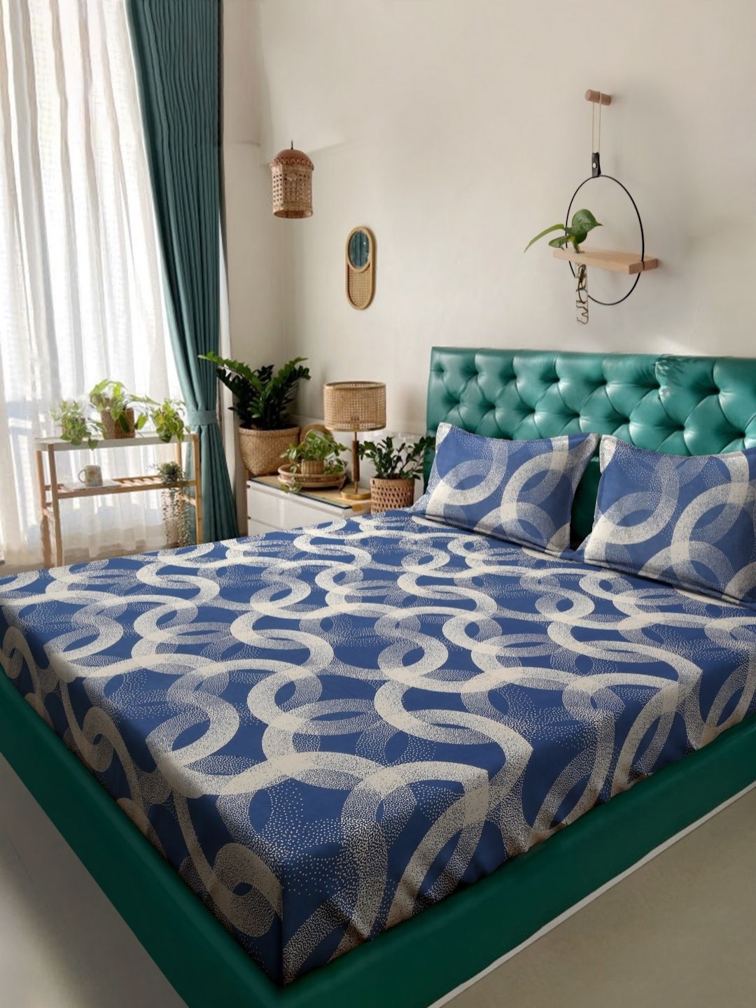 

HOSTA HOMES Blue & Beige Geometric Printed 280 TC Queen Bedsheet Set 1.82 m X 1.10 m