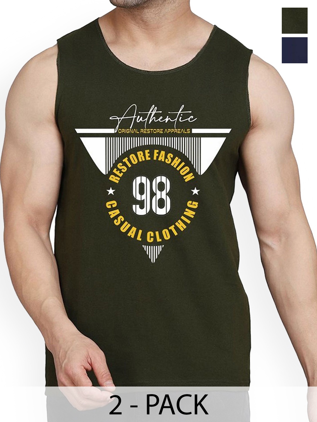 

Woostro Pack Of 2 Printed Cotton Gym Innerwear Vests RS26 CMB (98 OLIVE) (HARD NAVY)