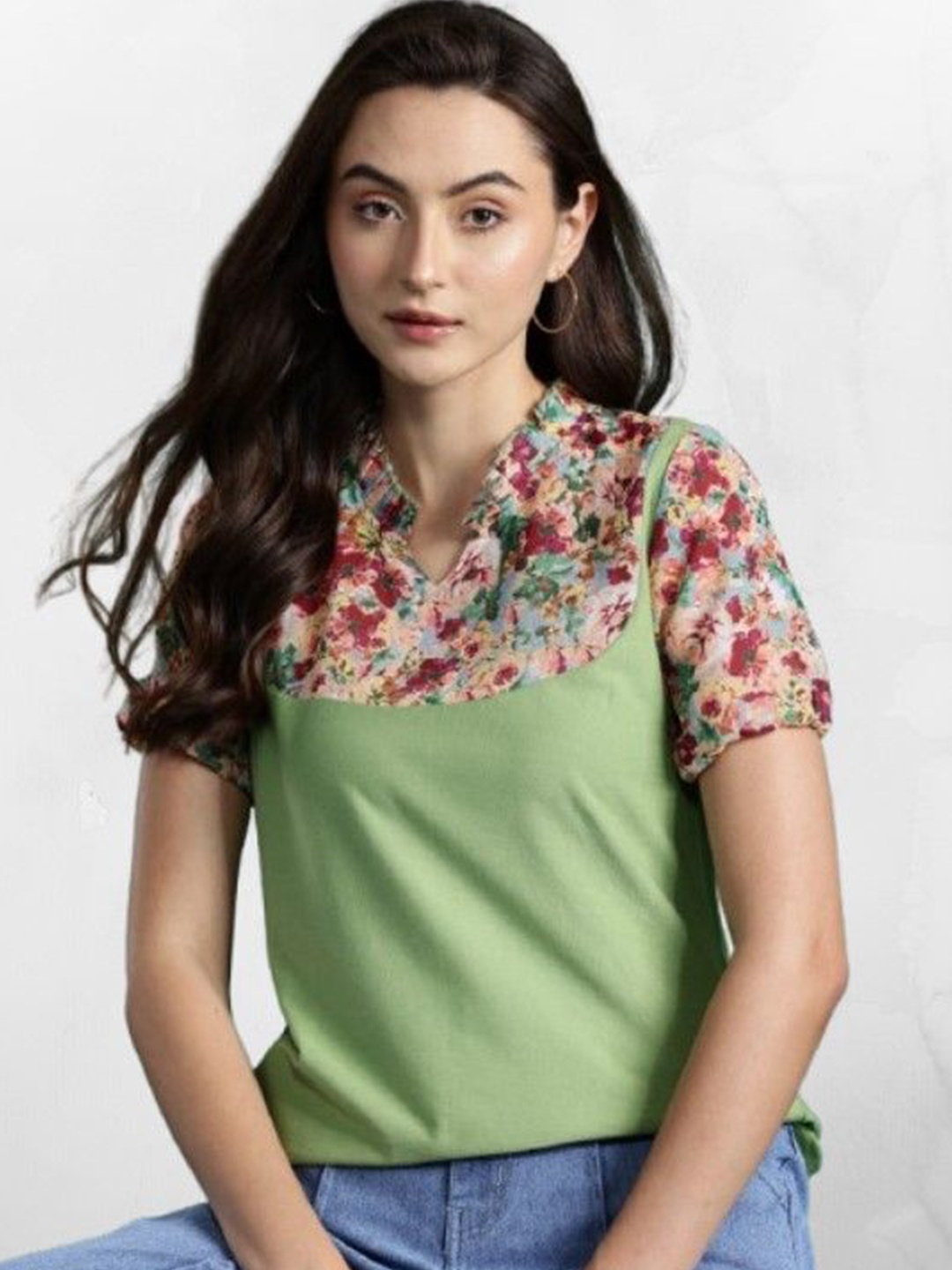 

DressBerry Floral Printed Mandarin Collar Cotton Top, Green