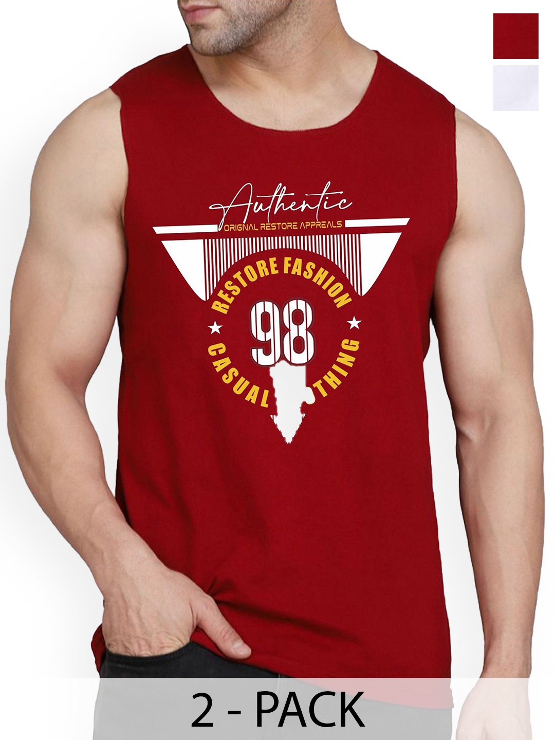 

Woostro Men Pack Of 2 Printed Cotton Gym Innerwear Vests RS26 CMB (RUN WHITE) (98 MAROON)