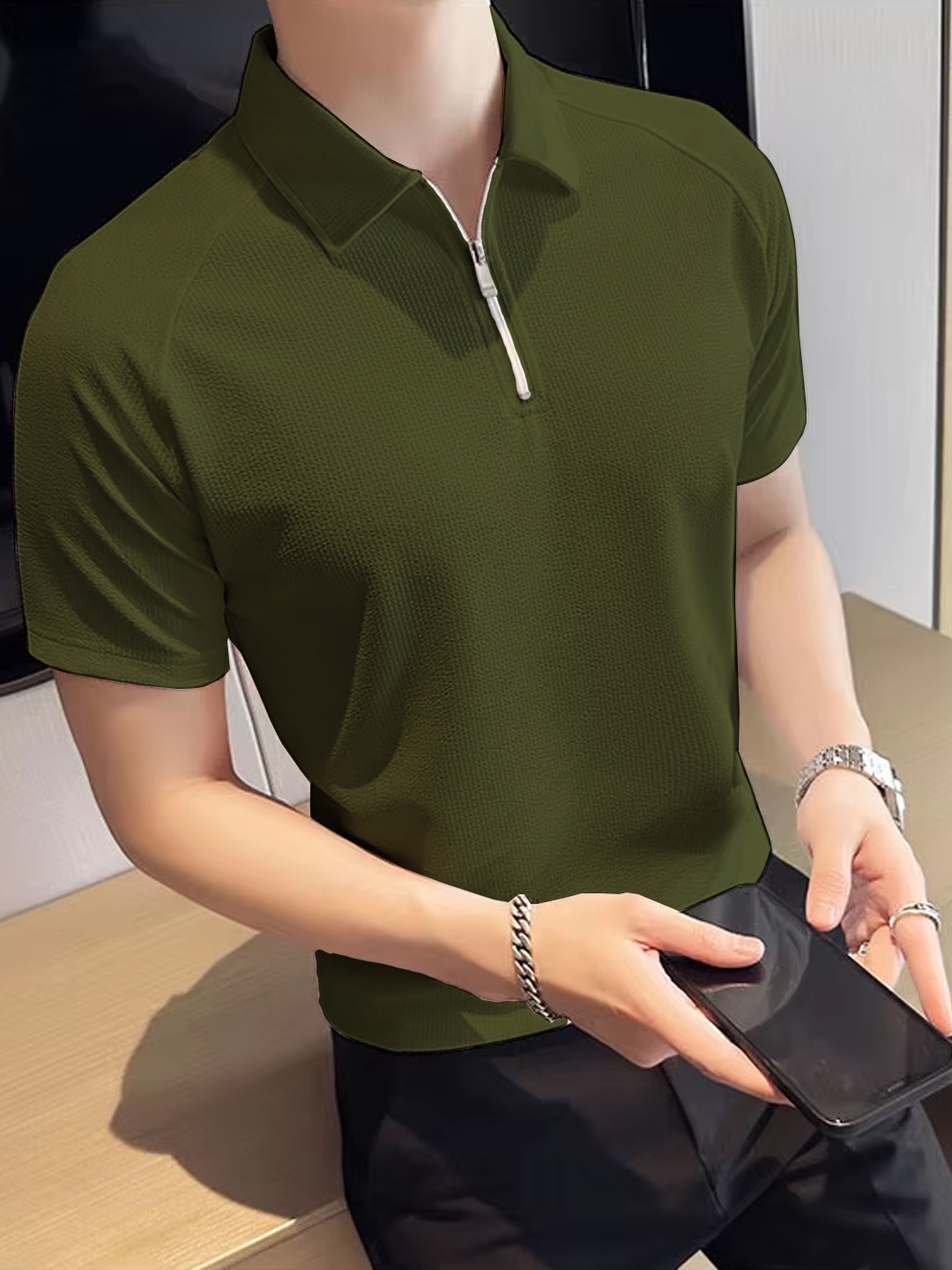 

madfrog Men Self Design Polo Collar Slim Fit T-shirt, Olive
