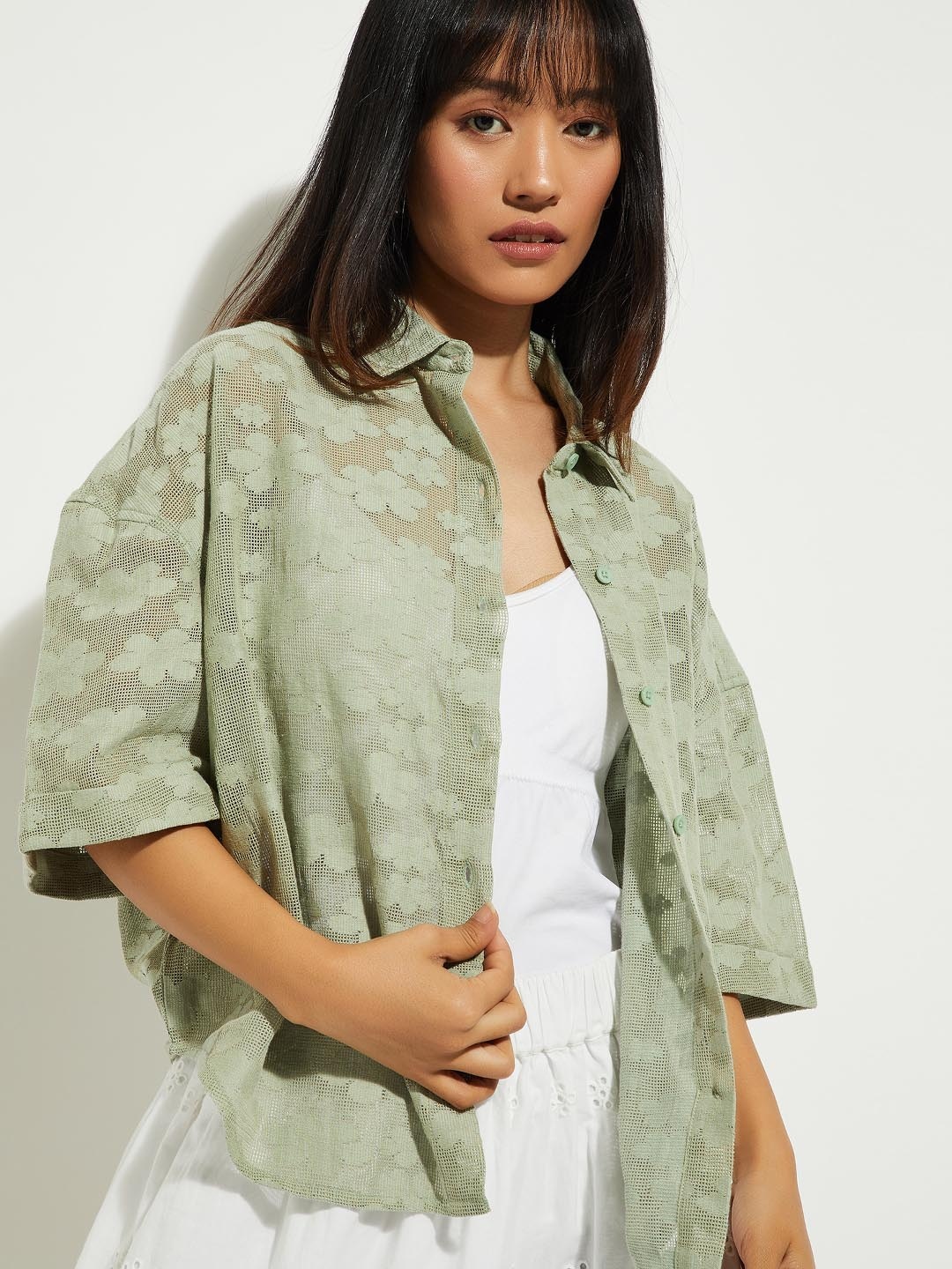 

max Women Opaque Printed Casual Shirt, Green