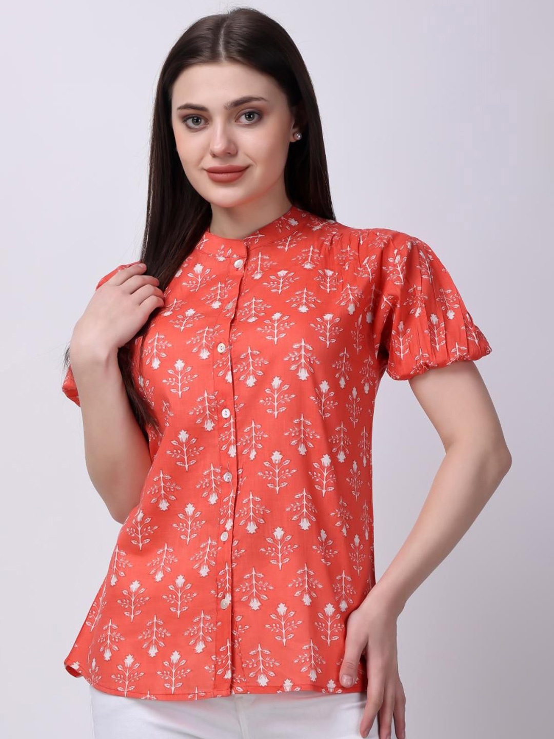 

VAAMII Floral Print Mandarin Collar Puff Sleeve Cotton Shirt Style Top, Orange